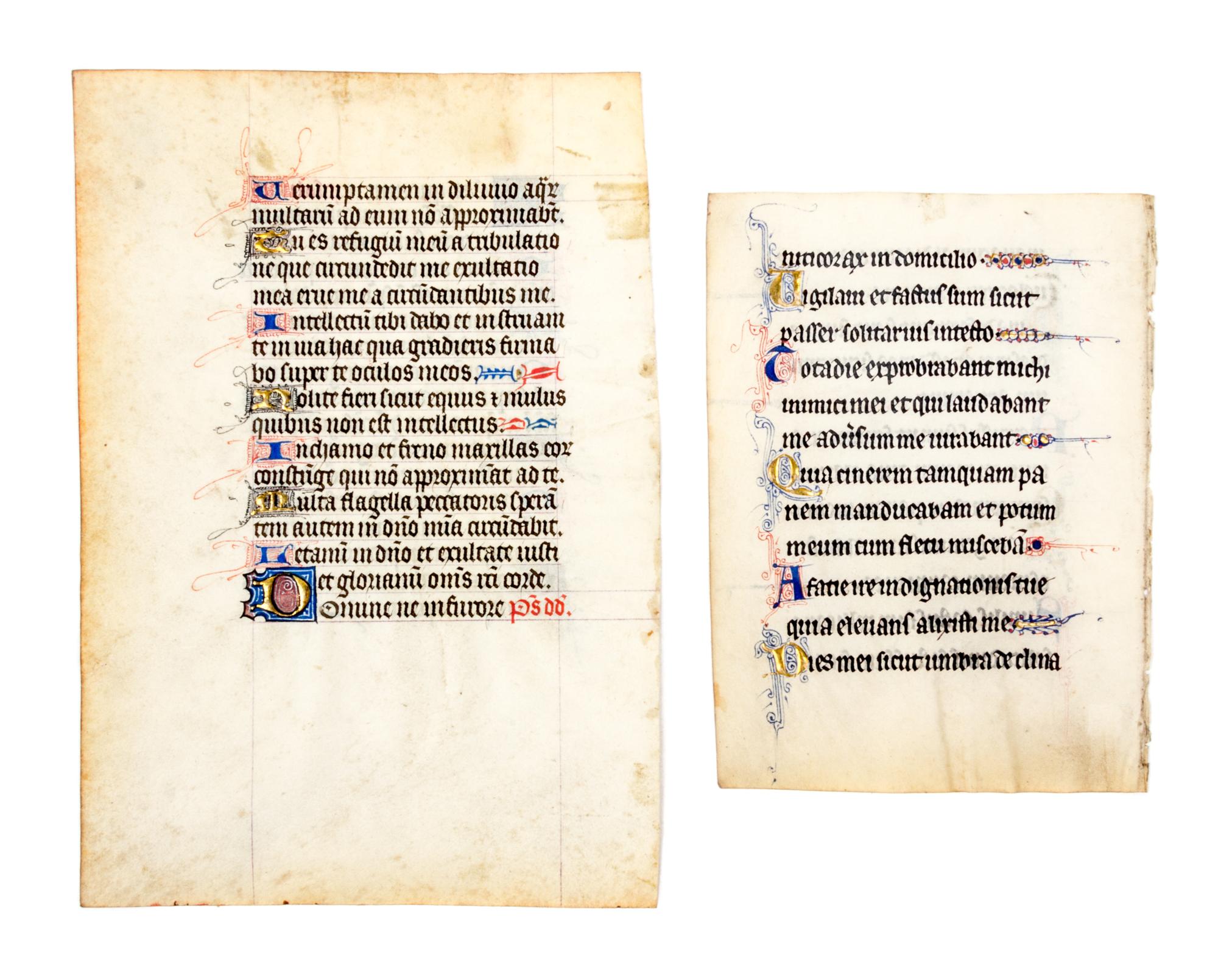(ILLUMINATED MANUSCRIPT) Two illuminated manuscript leaves, 15th century.