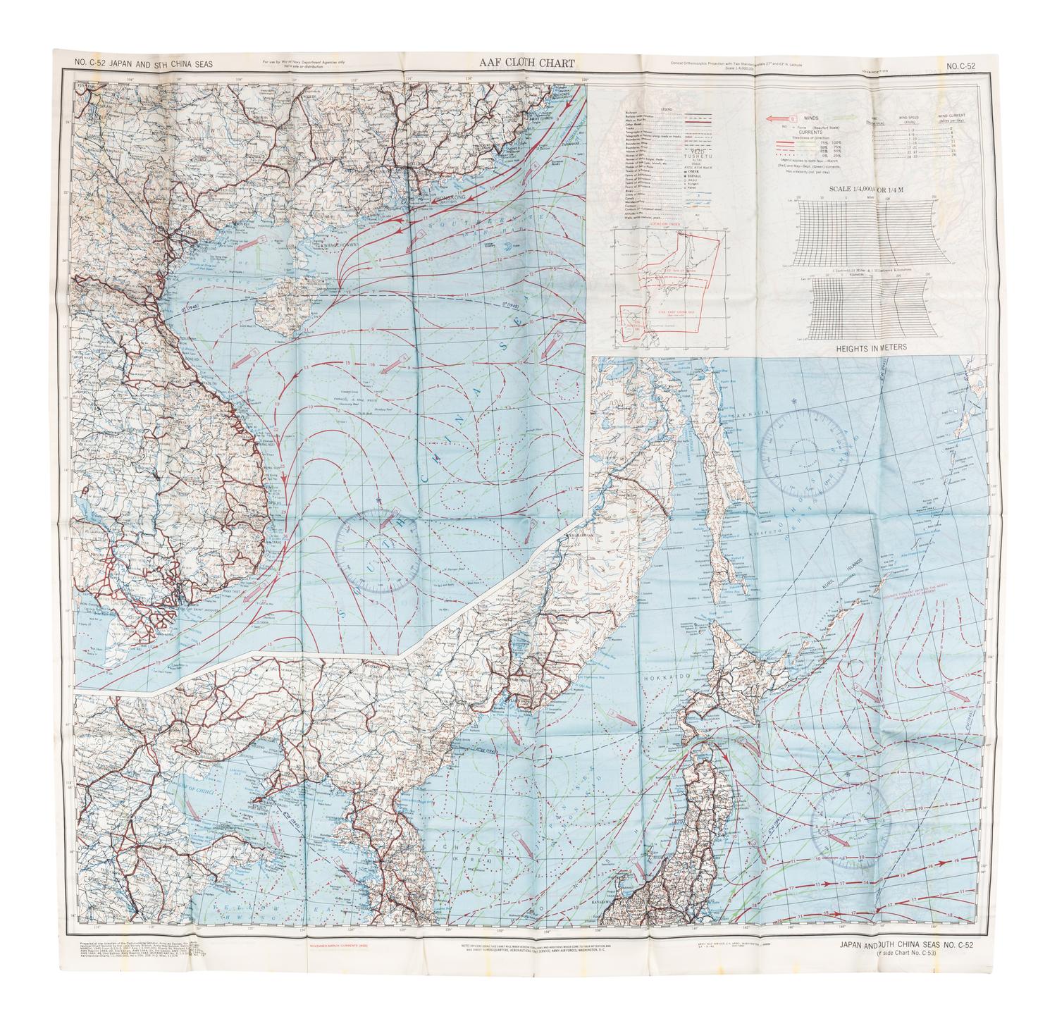 [ARMY AIR FORCE]. A group of World War II escape charts, all printed in Washington, D. C. on synthetic silk cloth, comprising:
