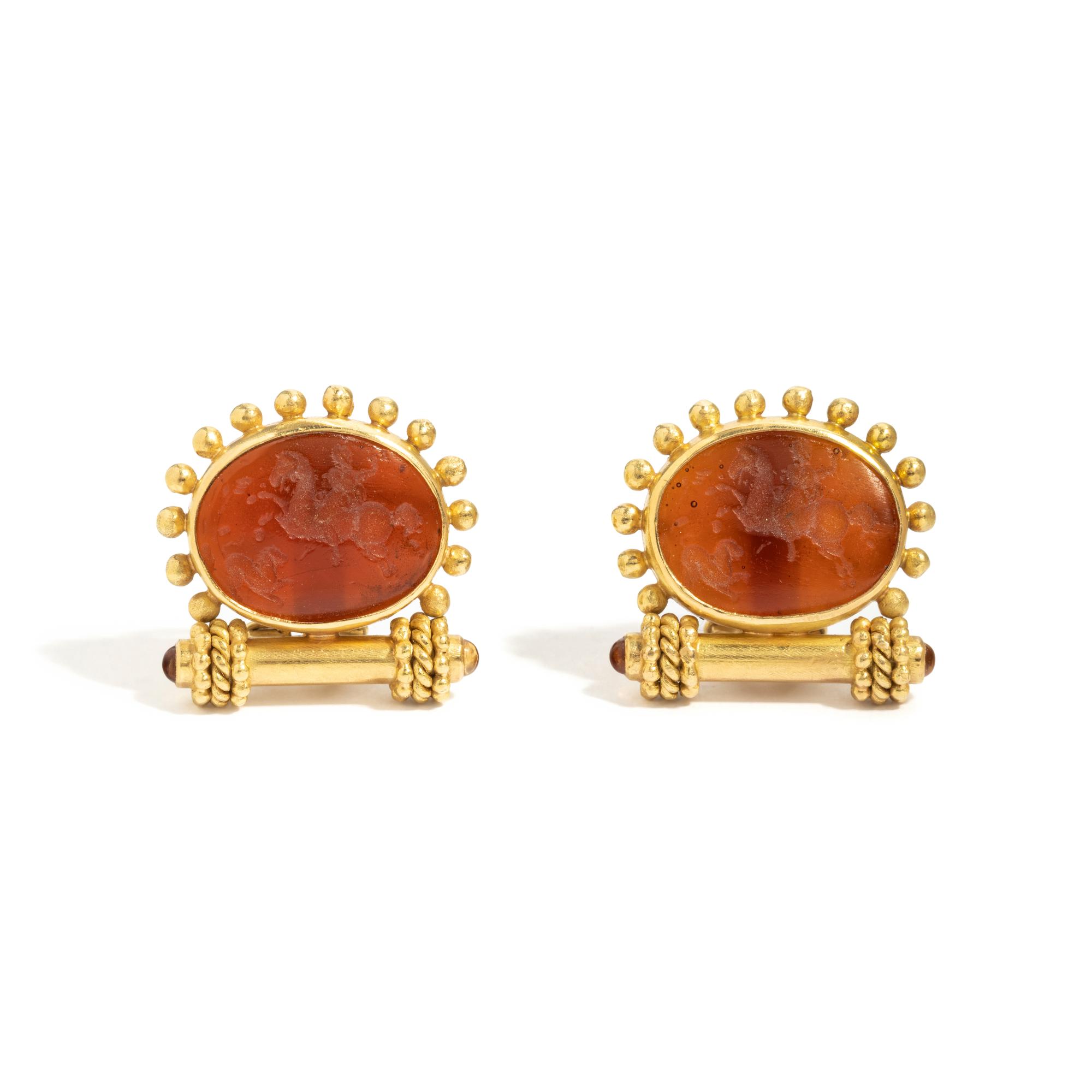 ELIZABETH LOCKE, YELLOW GOLD, CITRINE AND GLASS AND MOTHER-OF-PEARL INTAGLIO EARCLIPS