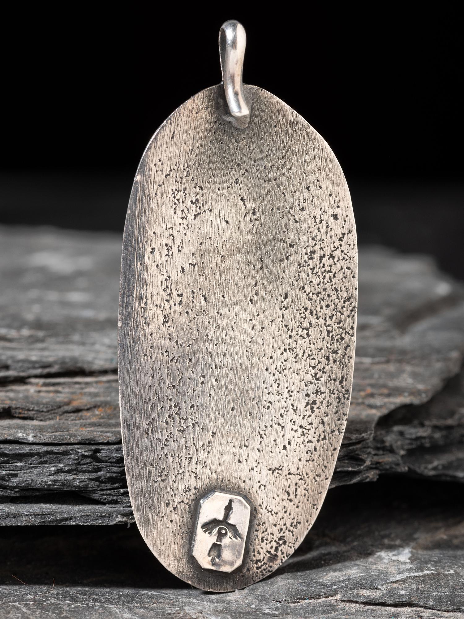 Tufa Cast Silver Kokopelli Pendant, with Turquoise