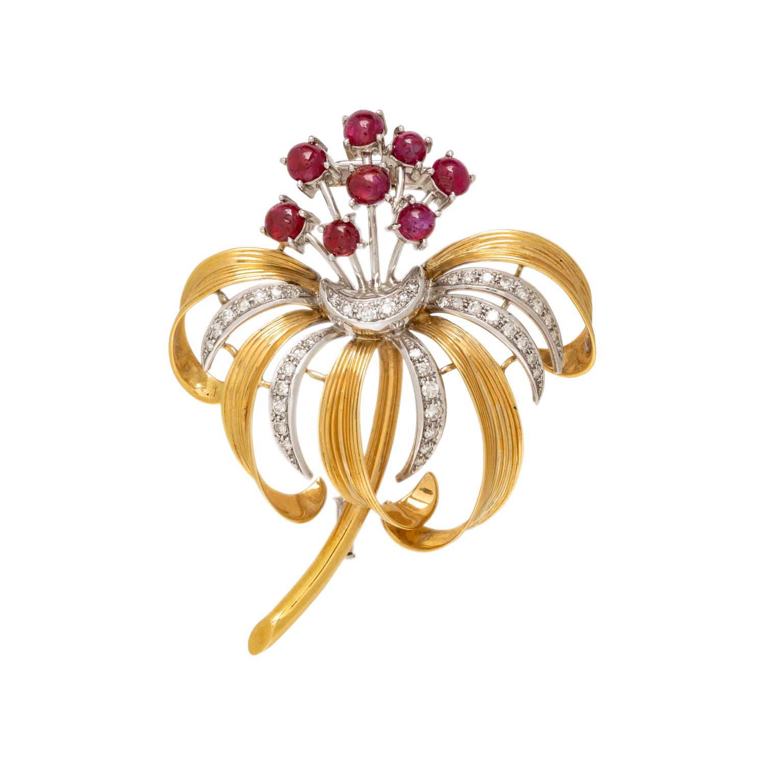 RETRO, RUBY AND DIAMOND BROOCH