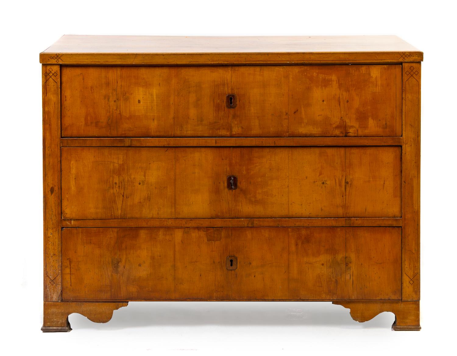 A Biedermeier Birch Chest of Drawers, Height 35 x width 48 x depth 24 inches.