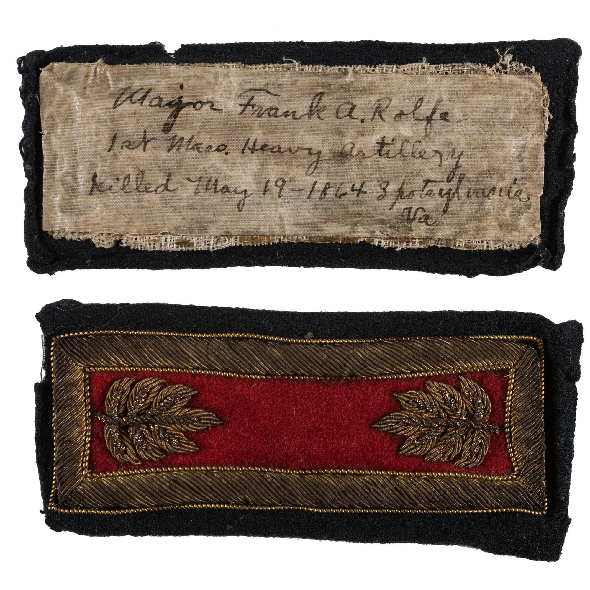 Major Frank Rolfe, 1st Massachusetts Heavy Artillery, KIA Battle of Harris Farm. Shoulder straps and ephemera.