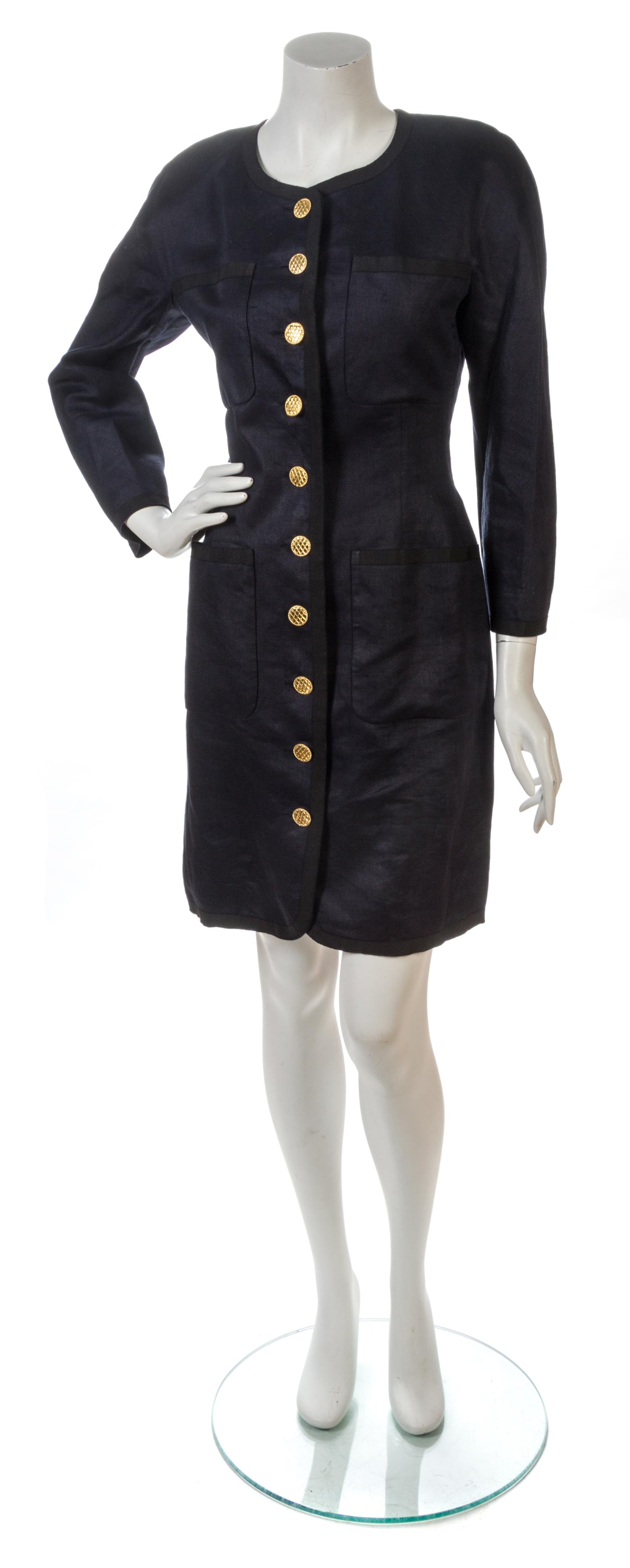 A Chanel Dark Navy Blue Linen Dress, Size 40.