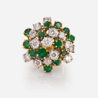 A 14K Yellow Gold, Emerald, and Diamond Ring