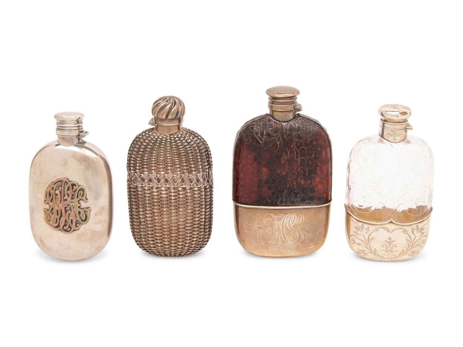 A Group of Four Gorham Silver and Silver-Mounted Flasks