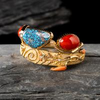 Jesse Monongya (Hopi-Diné, 1952-2024) — Tufa Cast Yellow Gold, Coral, Candelaria Turquoise, and Diamond Cuff Bracelet