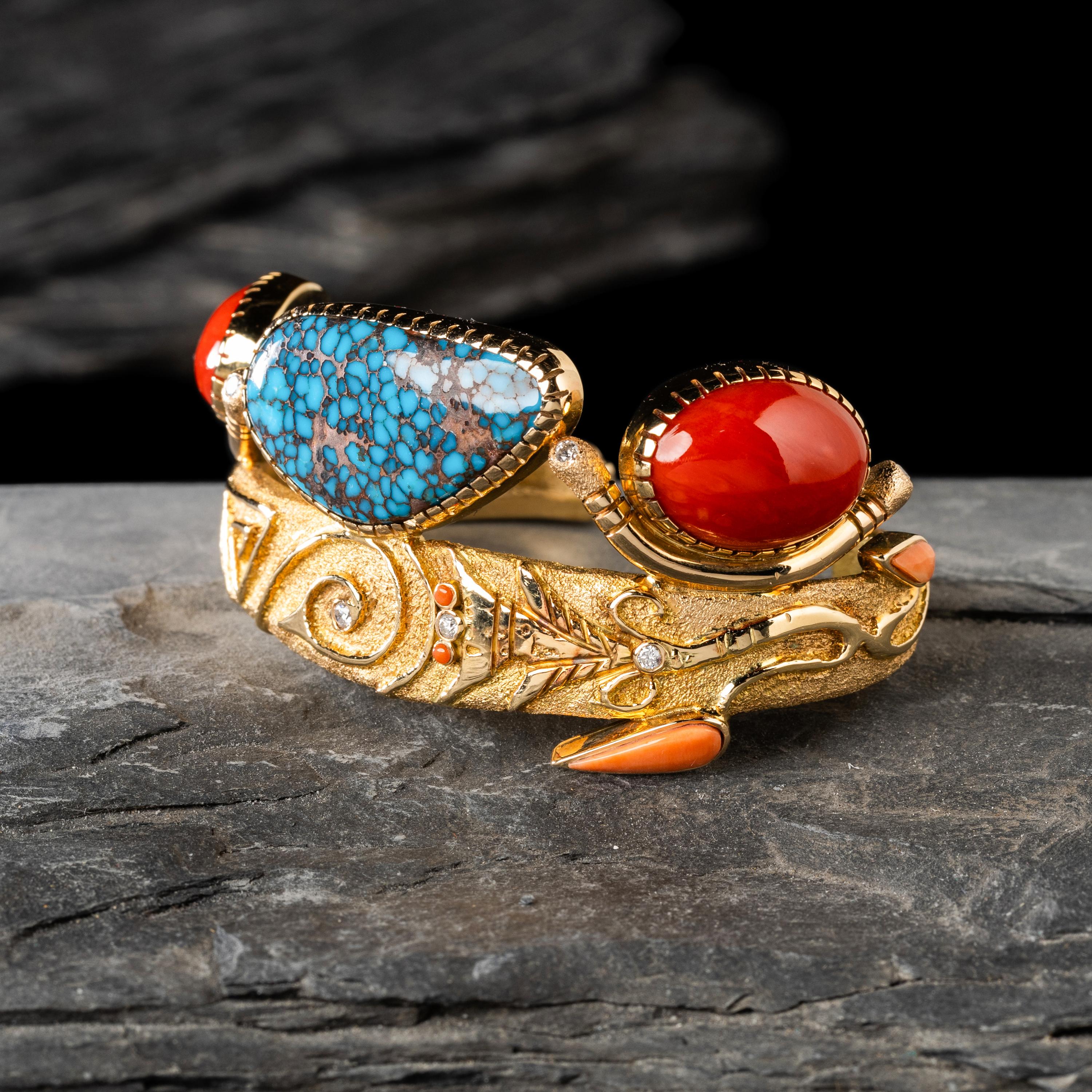 Jesse Monongya (Hopi-Diné, 1952-2024) — Tufa Cast Yellow Gold, Coral, Candelaria Turquoise, and Diamond Cuff Bracelet