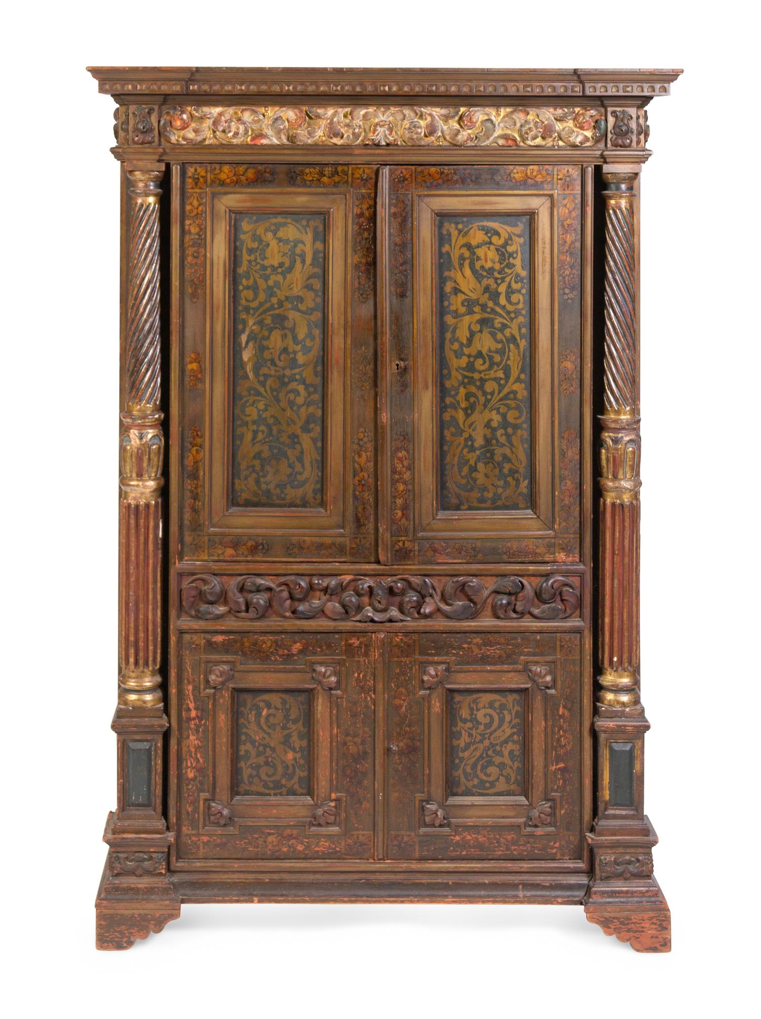 A Continental Painted and Parcel Gilt Secretary Cabinet