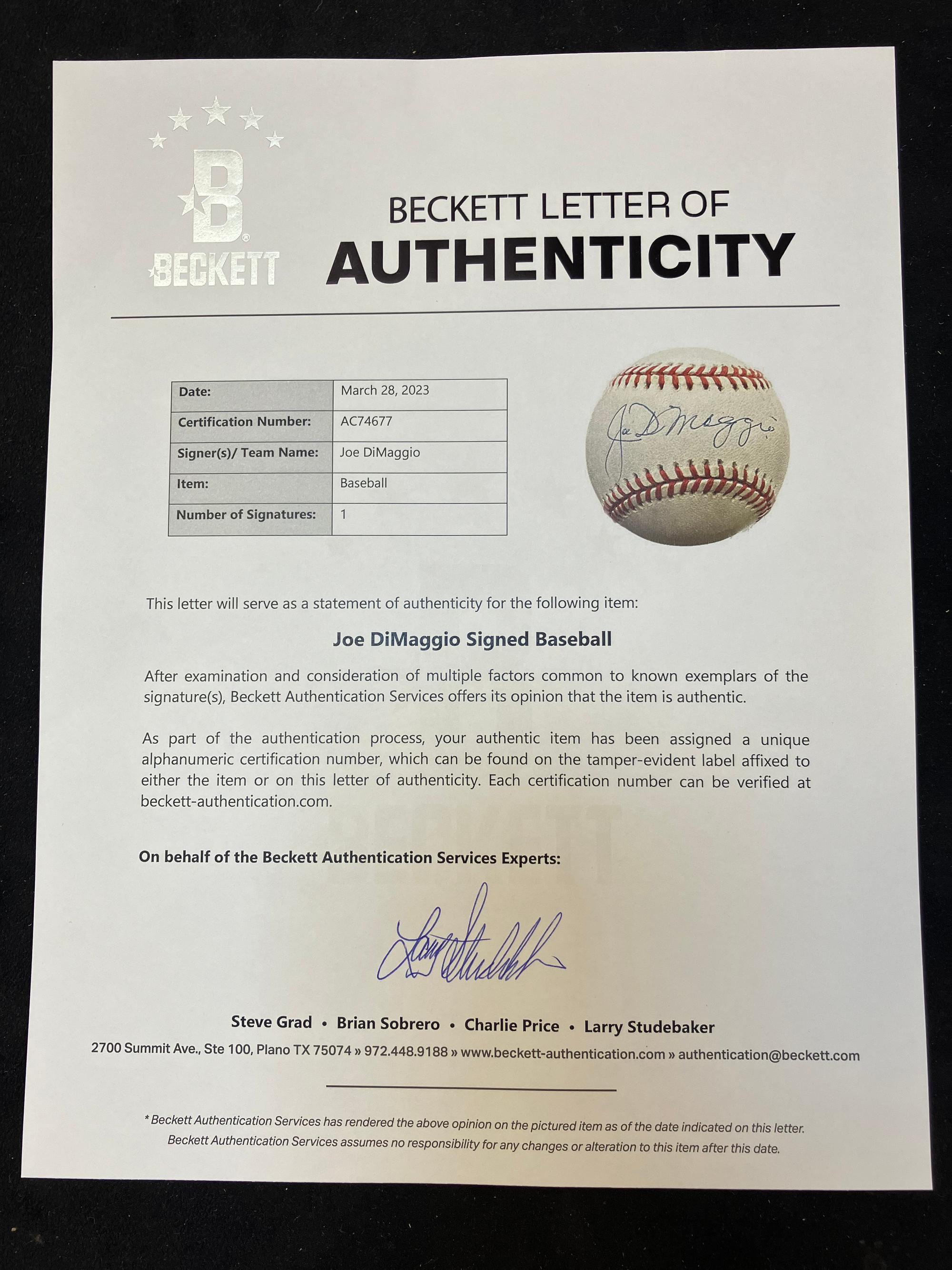 A Joe DiMaggio Single Signed Autograph Baseball (Beckett Authentication Services Letter),