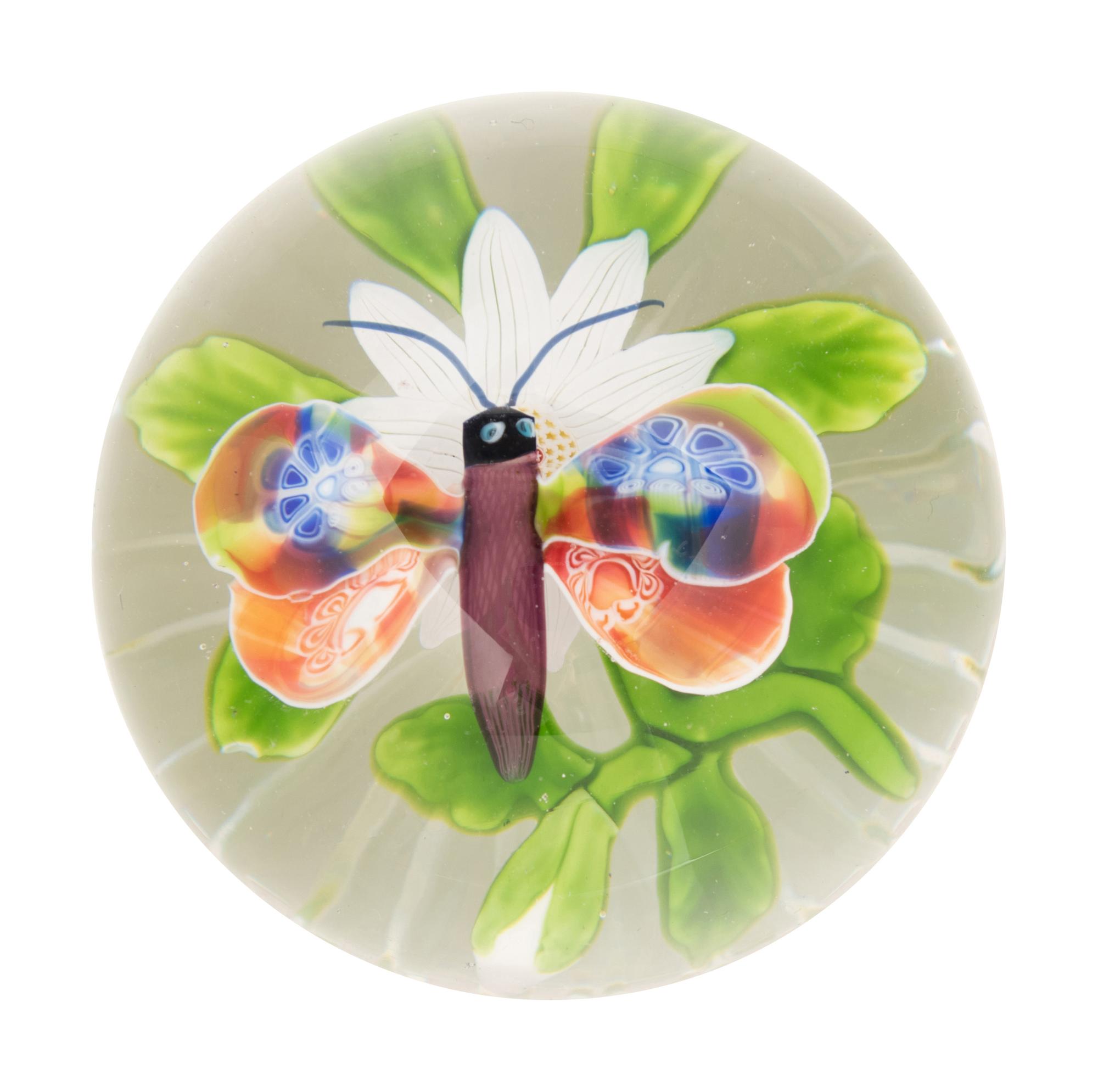 A Baccarat Butterfly Over White Clematis and Bud Glass Paperweight