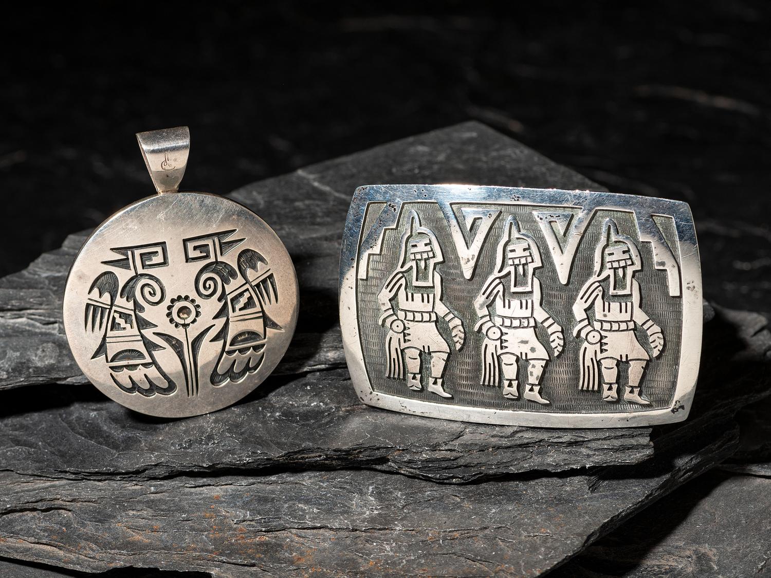 Silver Overlay Pendant and Belt Buckle