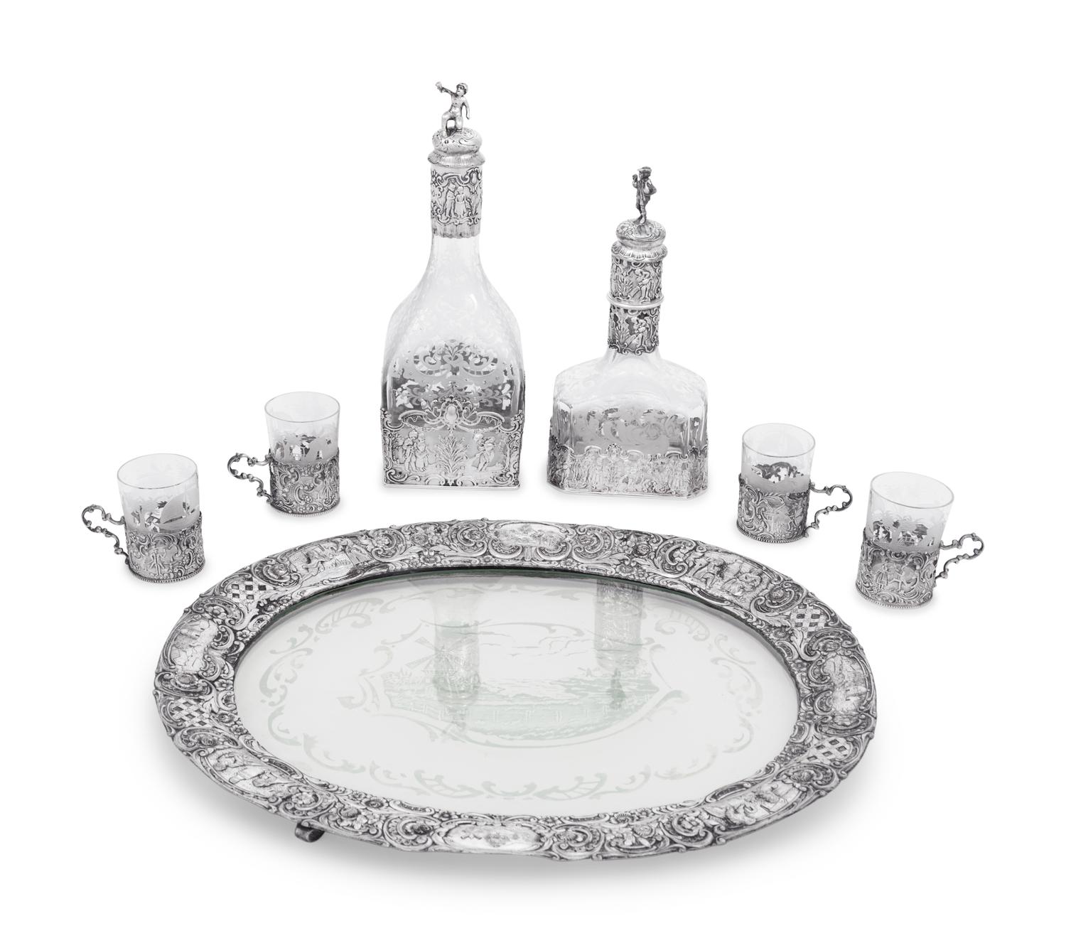 A Continental Silver Mounted Etched Glass Drink Service