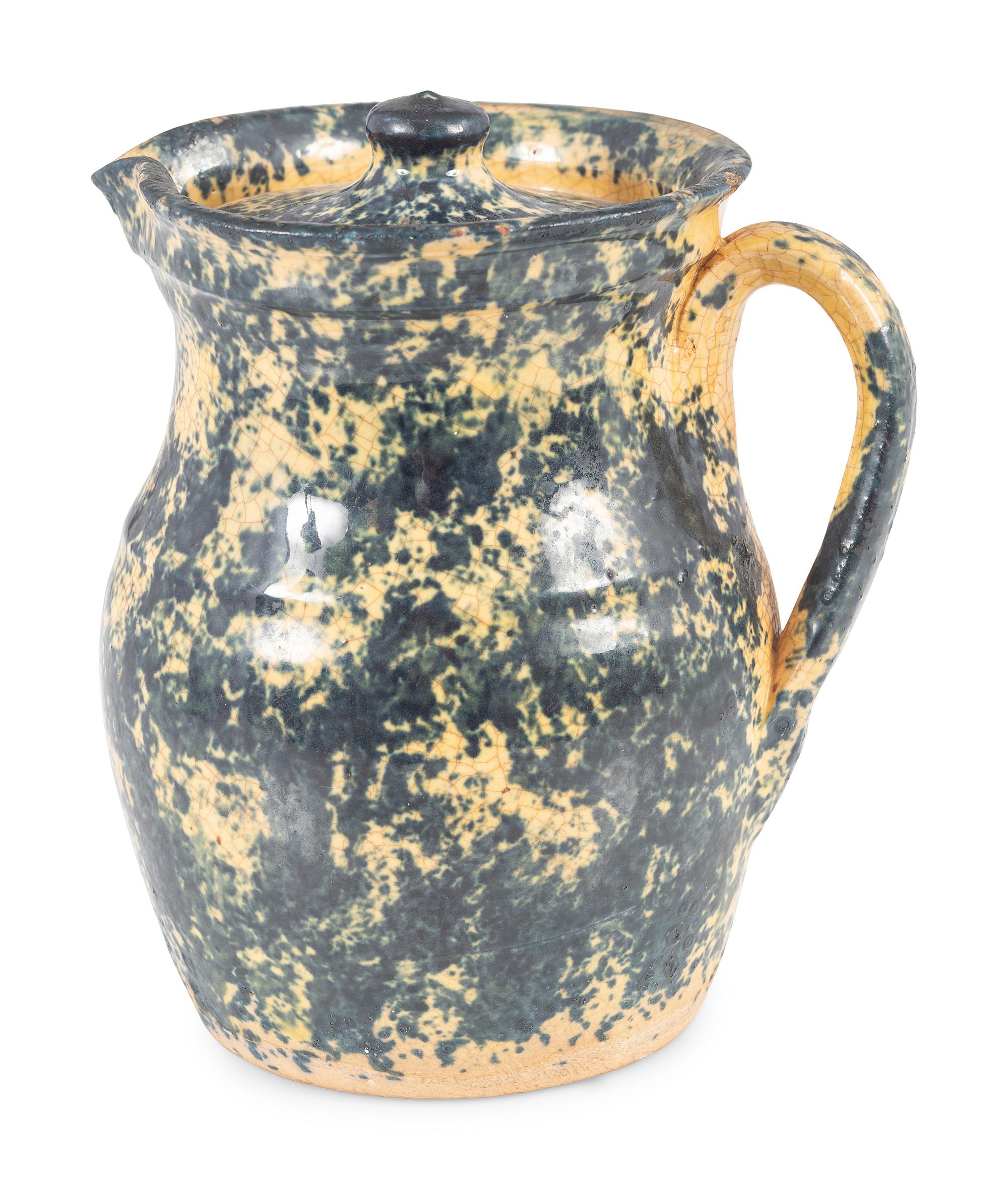 An Ohio Blue Sponge Painted Pitcher and Pig Bank