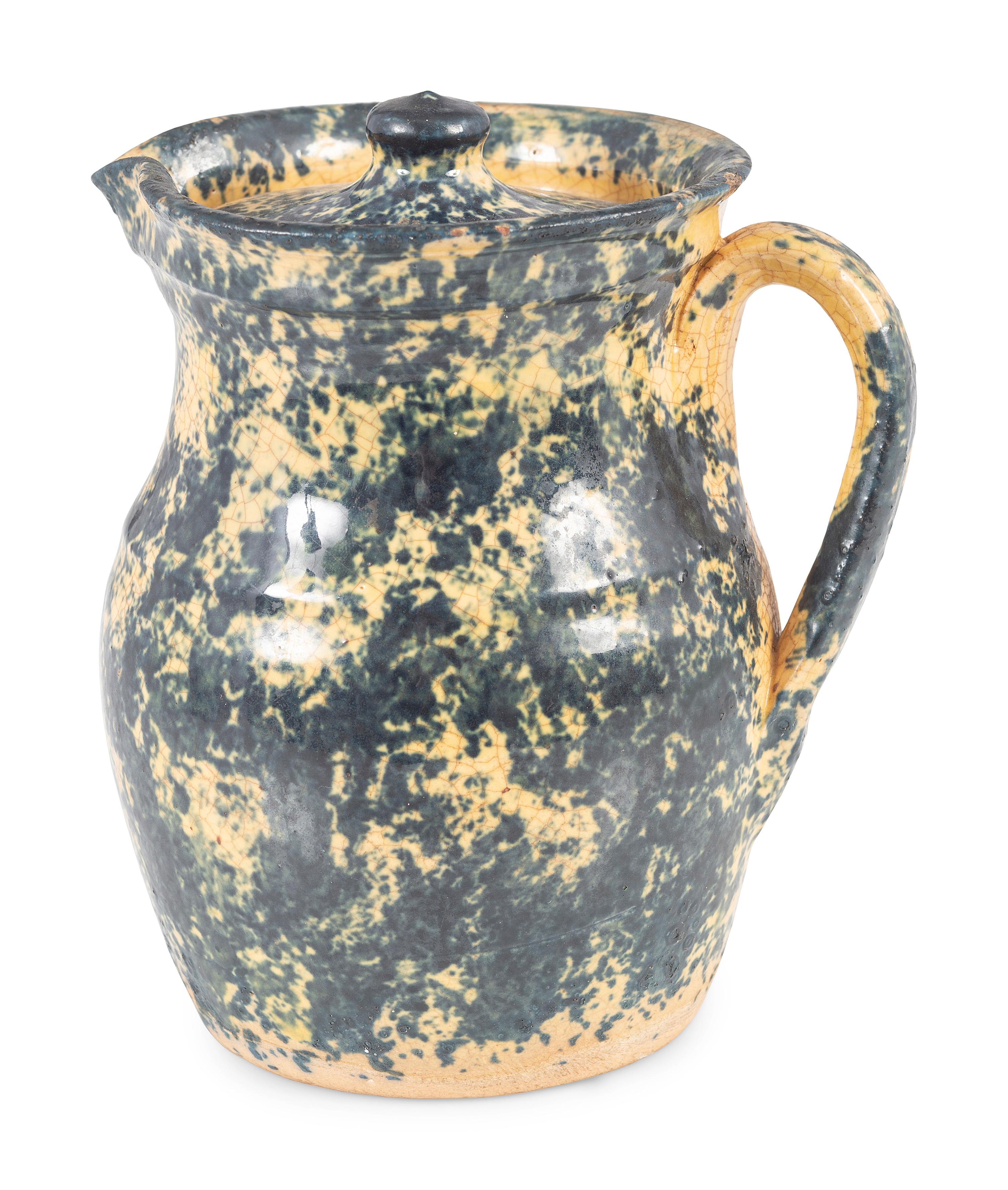An Ohio Blue Sponge Painted Pitcher and Pig Bank