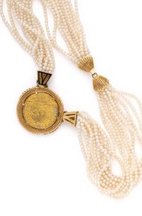 YELLOW GOLD, COIN, DIAMOND AND SEED PEARL NECKLACE