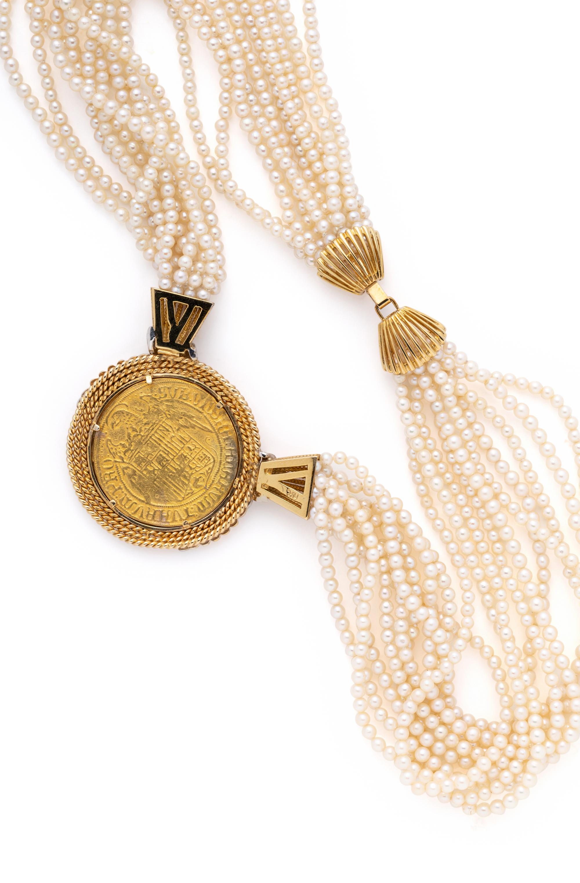 YELLOW GOLD, COIN, DIAMOND AND SEED PEARL NECKLACE