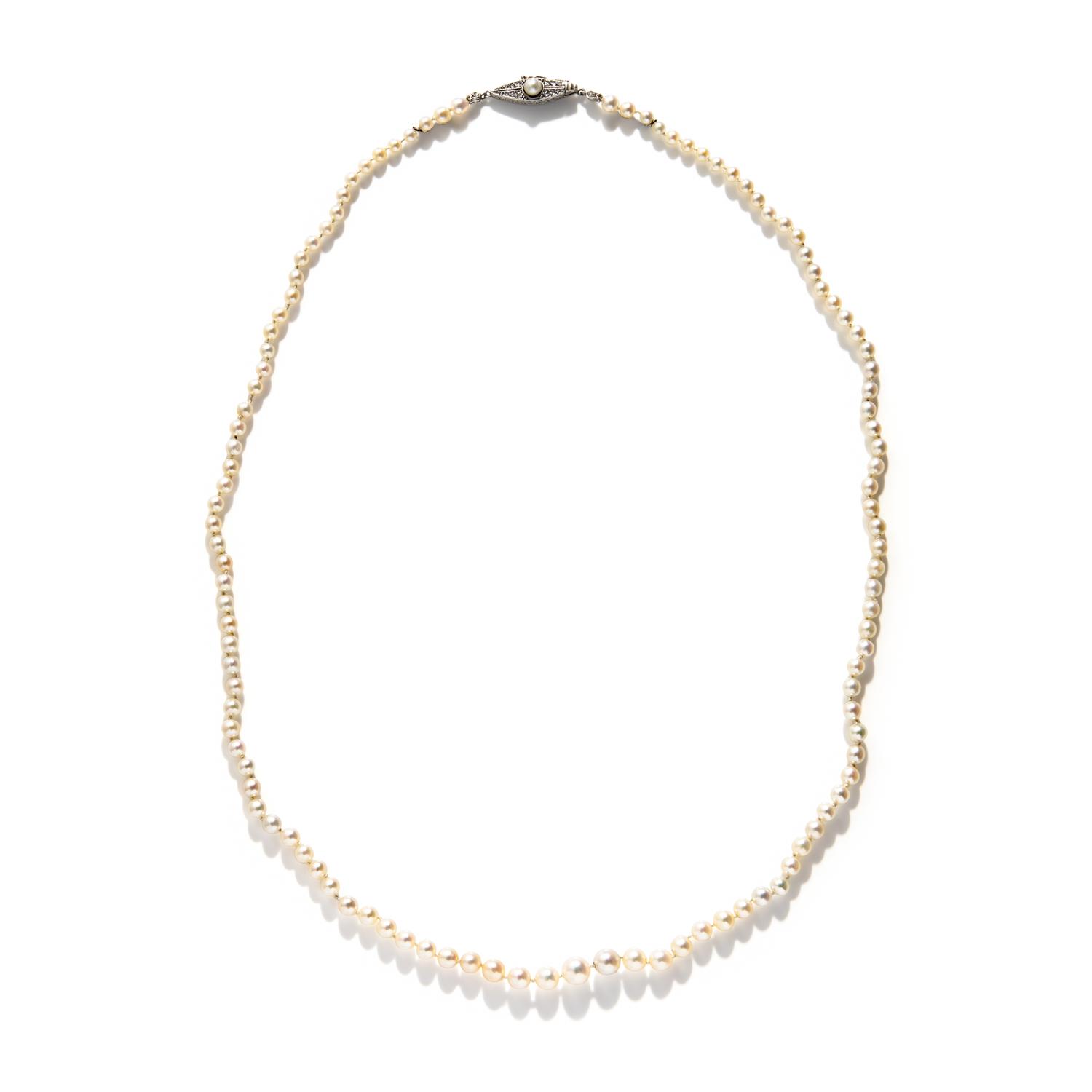 CULTURED PEARL STRAND WITH PLATINUM AND DIAMOND CLASP
