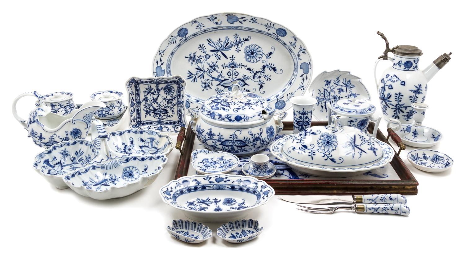 A Meissen Porcelain Blue Onion Partial Dinner Service Length of longest serving platter 24 inches.