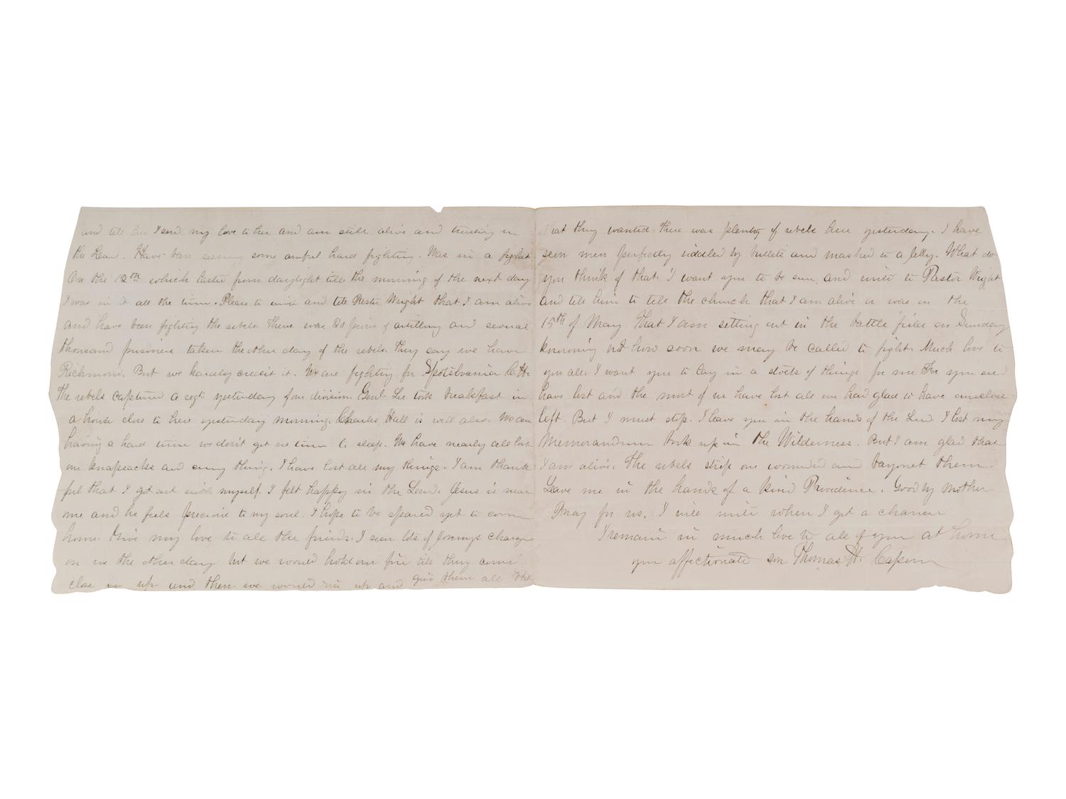 [CIVIL WAR]. Letter written by Private Thomas H. Capern, Co. E, 4th New Jersey Infantry, regarding the Battles of Wilderness and Spotsylvania. "Camp upon the field," 15 May 1864.