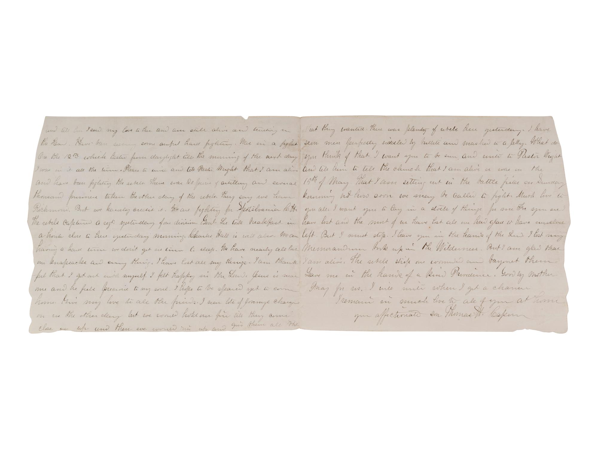 [CIVIL WAR]. Letter written by Private Thomas H. Capern, Co. E, 4th New Jersey Infantry, regarding the Battles of Wilderness and Spotsylvania. "Camp upon the field," 15 May 1864.