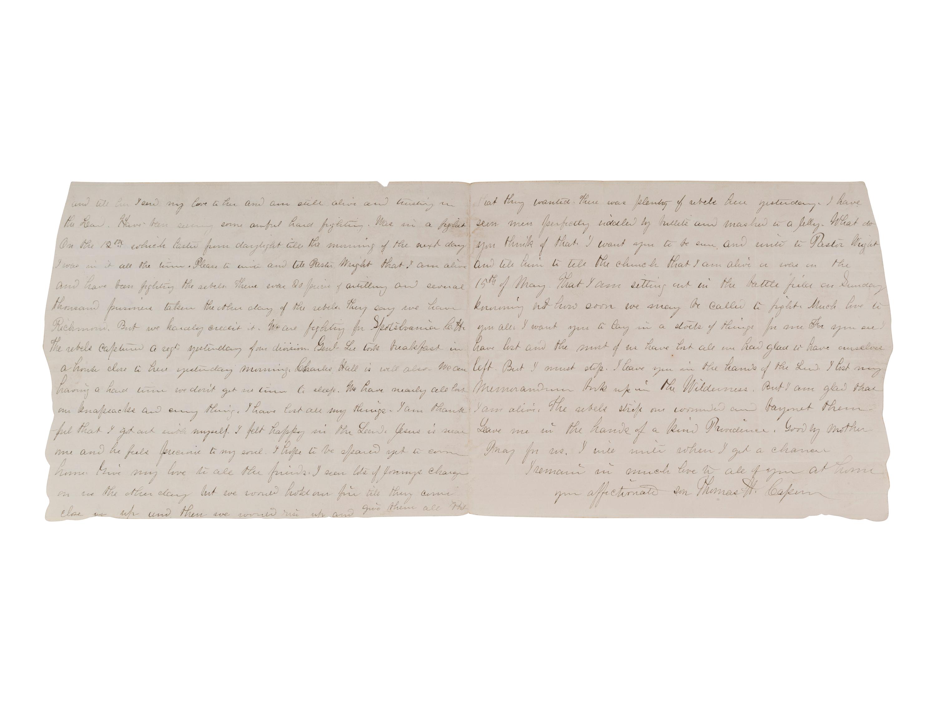 [CIVIL WAR]. Letter written by Private Thomas H. Capern, Co. E, 4th New Jersey Infantry, regarding the Battles of Wilderness and Spotsylvania. "Camp upon the field," 15 May 1864.