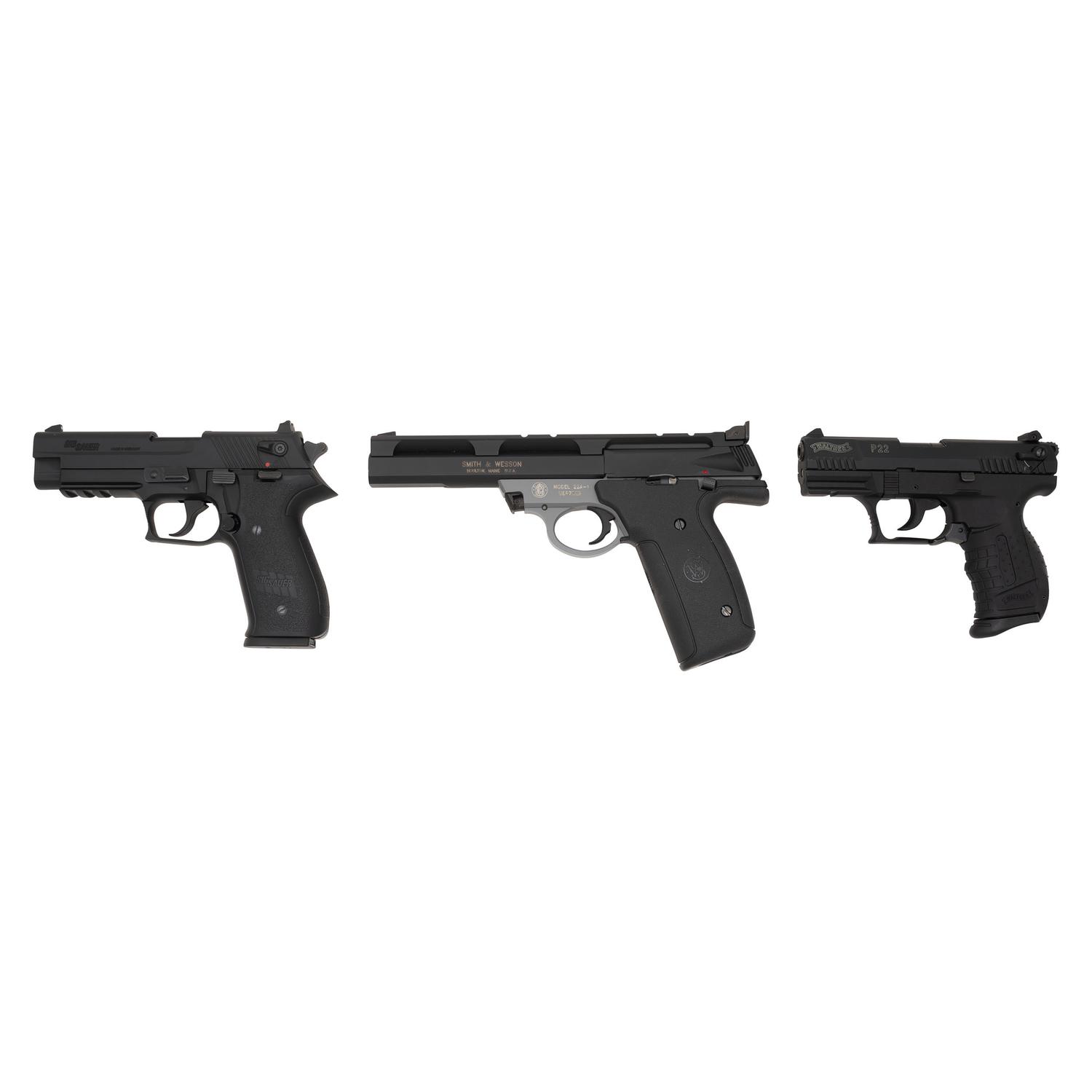 * Lot of Three .22 Pistols including Walther P22 in Box with Accessories, Sig Mosquito, and Smith & Wesson 22A-1