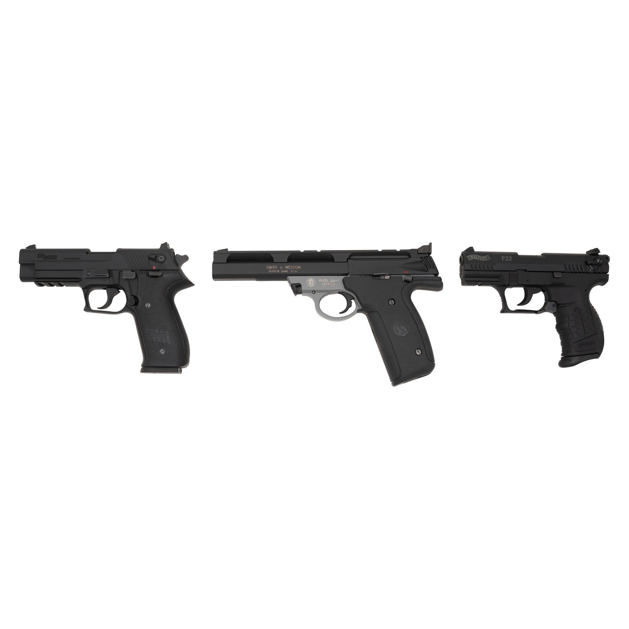* Lot of Three .22 Pistols including Walther P22 in Box with Accessories, Sig Mosquito, and Smith & Wesson 22A-1
