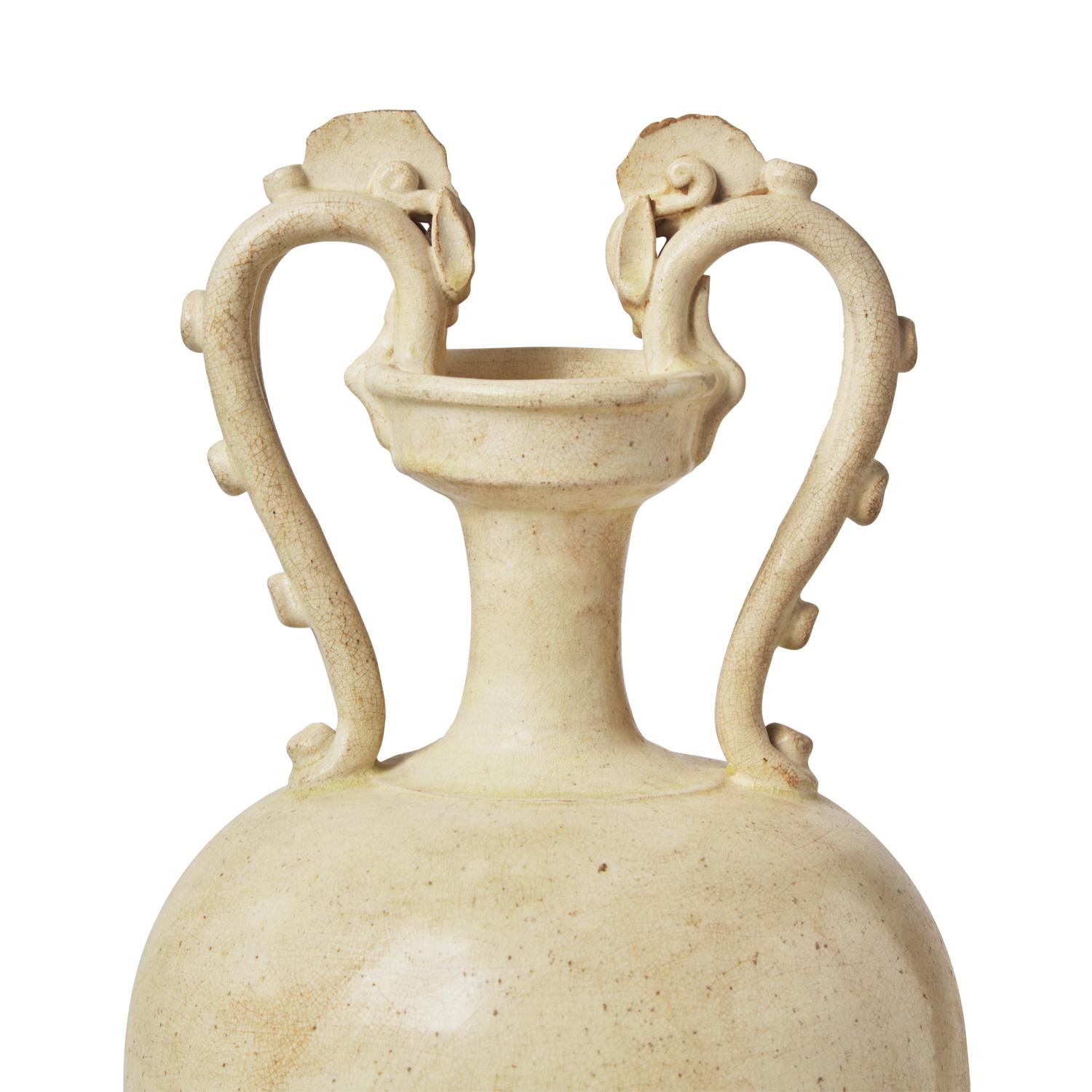 A Chinese White Glazed Pottery 'Amphora' Vase, Tang Dynasty 唐 白釉雙龍尊