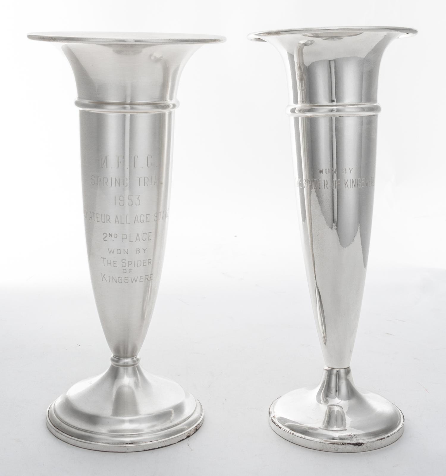 Two American Silver Vases, Mauser Mfg. Co., New York, NY/Hamilton Sterling, Mid 20th Century, of tapered form with flared rim on a step