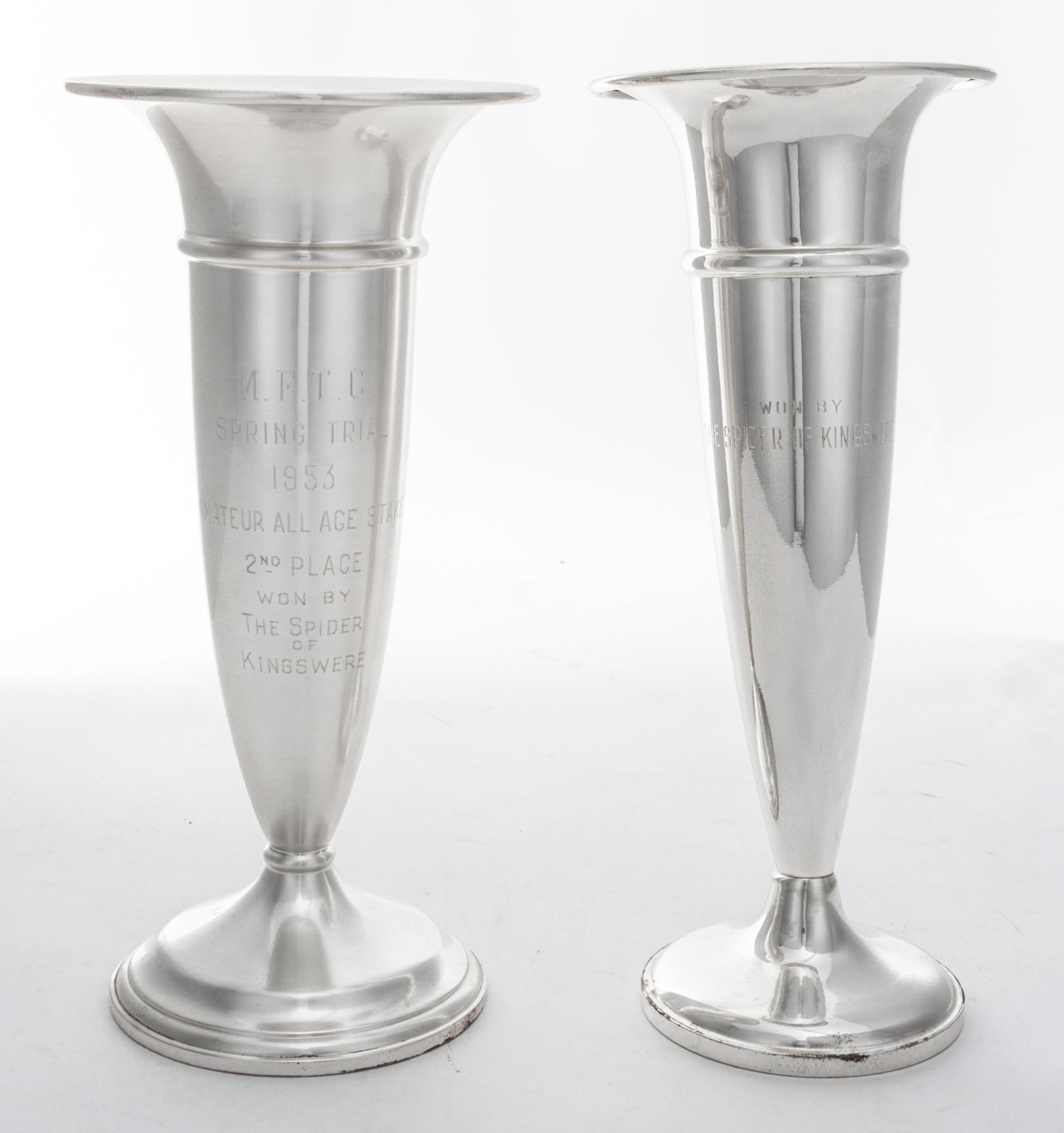 Two American Silver Vases, Mauser Mfg. Co., New York, NY/Hamilton Sterling, Mid 20th Century, of tapered form with flared rim on a step