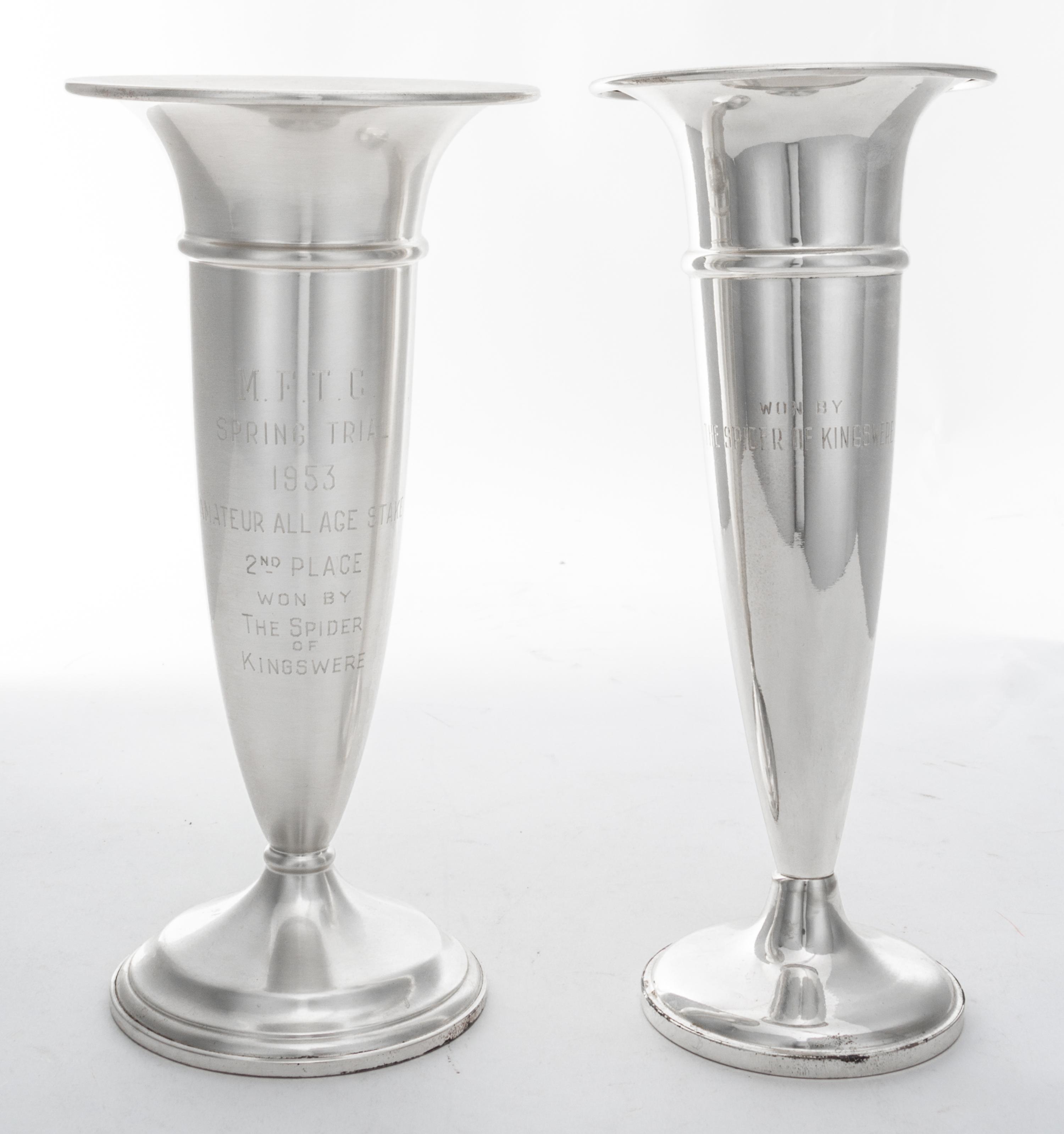 Two American Silver Vases, Mauser Mfg. Co., New York, NY/Hamilton Sterling, Mid 20th Century, of tapered form with flared rim on a step