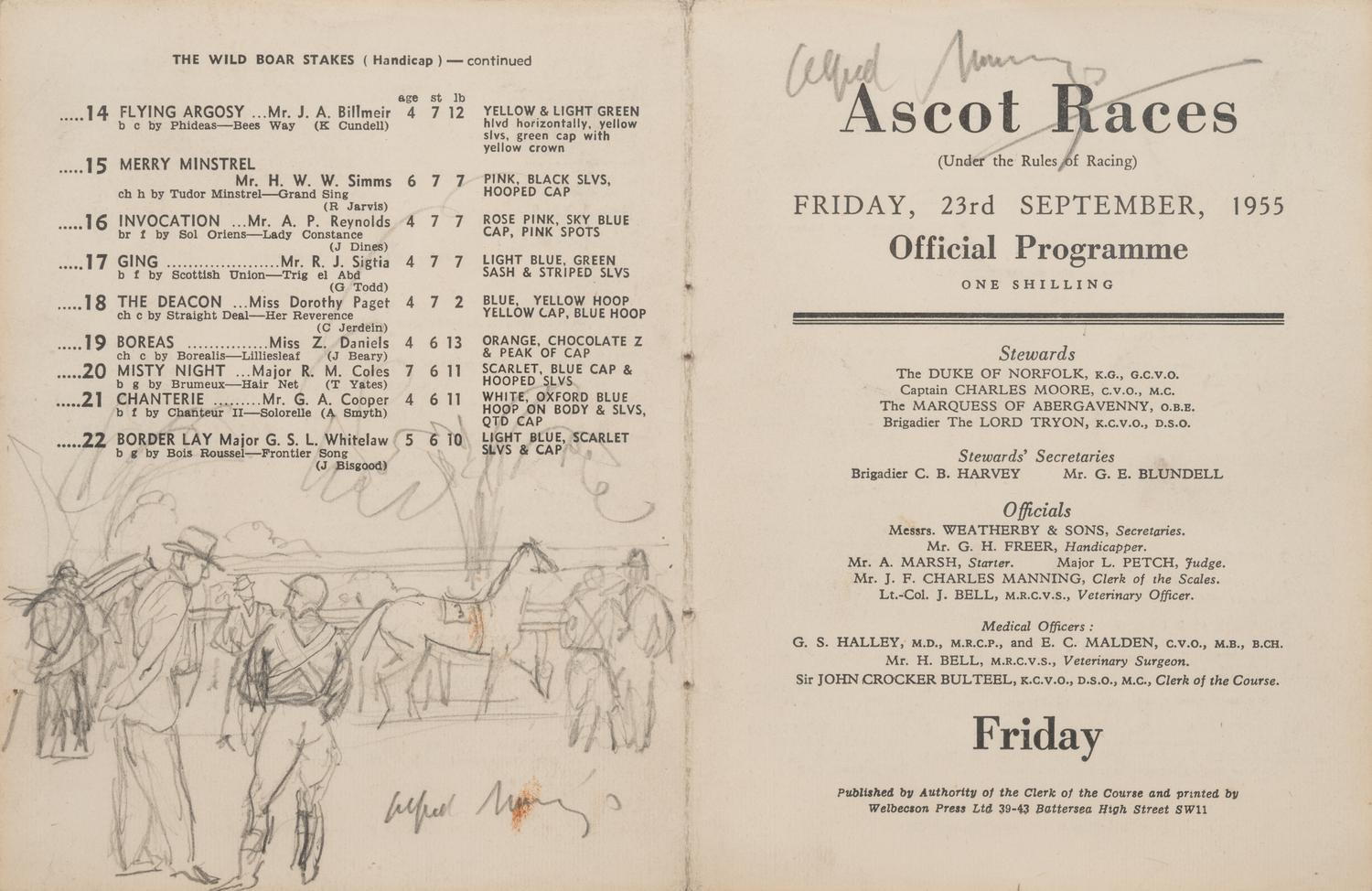 Ascot Race Card with a Sketch of Jockeys and Owners