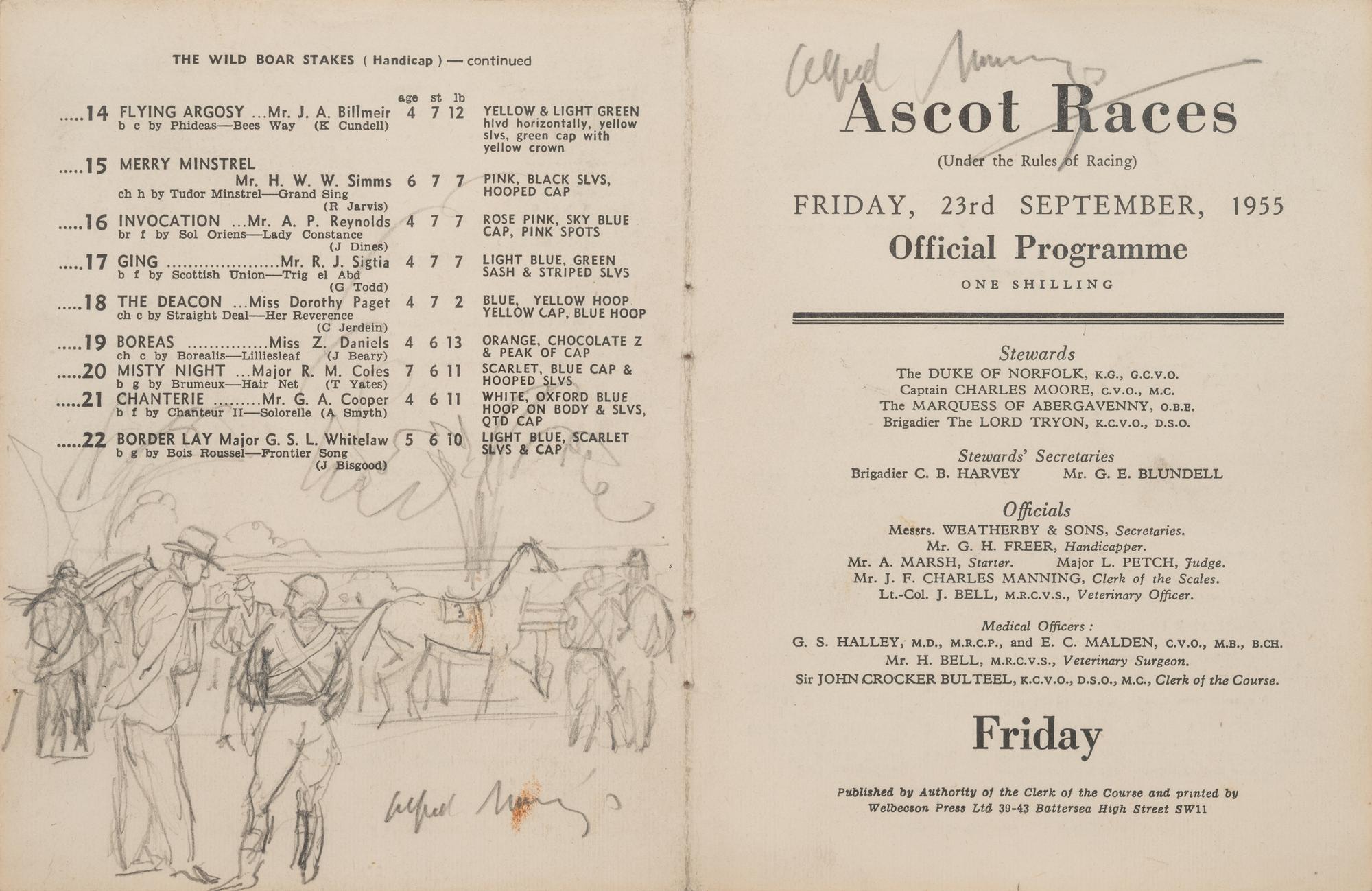 Ascot Race Card with a Sketch of Jockeys and Owners