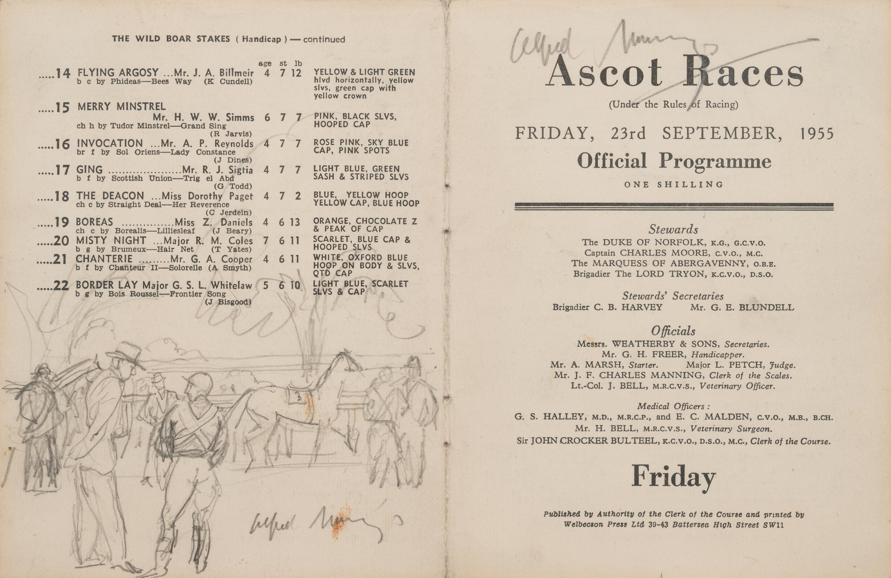 Ascot Race Card with a Sketch of Jockeys and Owners