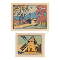 Charles H. Richert (American, 1880-1974) — Cape Cod Windmill and Covered Bridge (two works)