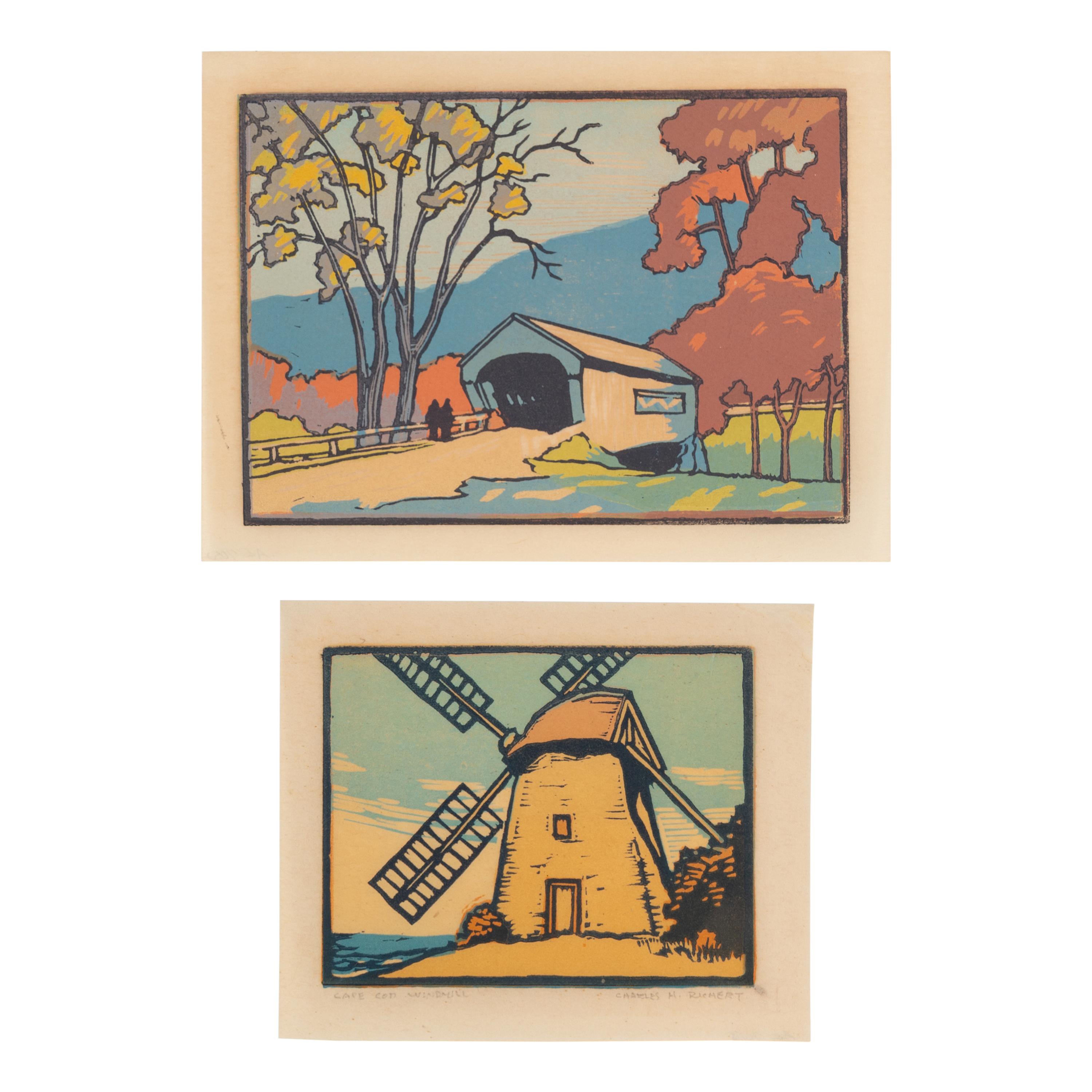 Charles H. Richert (American, 1880-1974) — Cape Cod Windmill and Covered Bridge (two works)