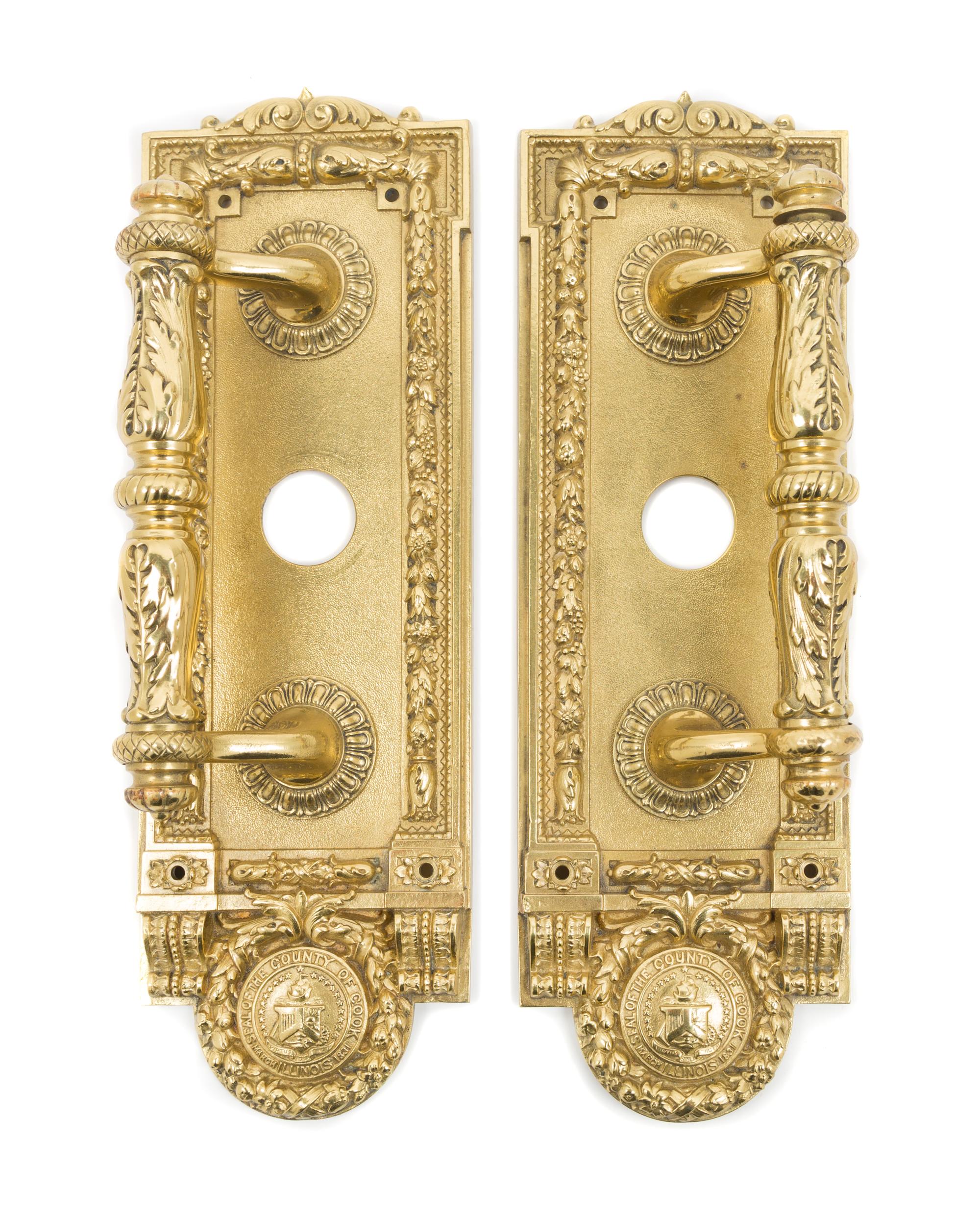 Yale & Towne Mfg. Co., EARLY 20TH CENTURY, a pair of door pulls, decorated with the seal for Cook County, Illinois
