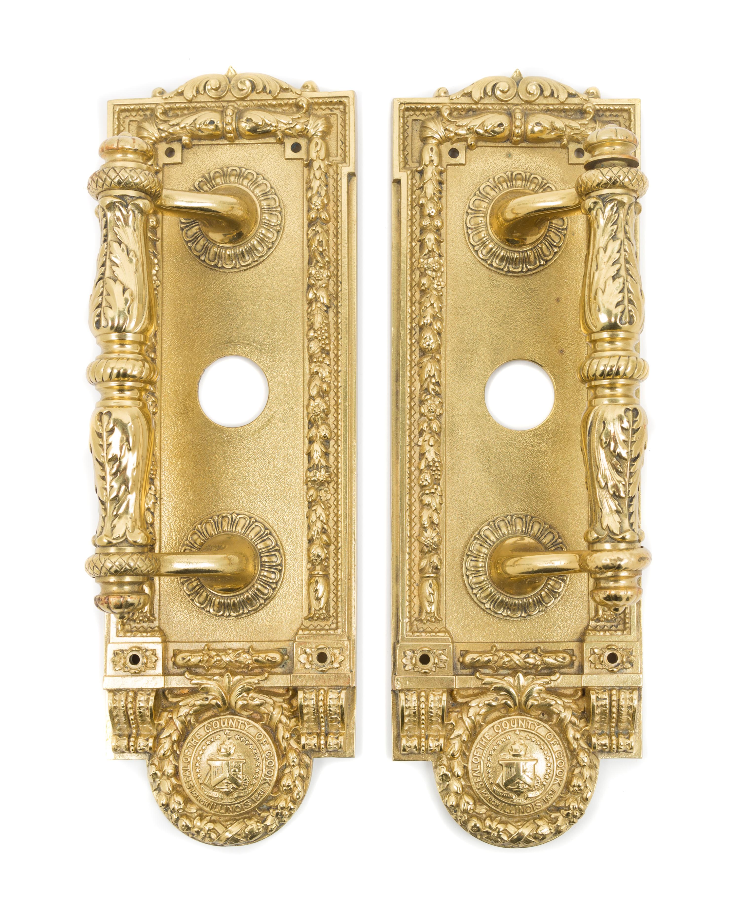 Yale & Towne Mfg. Co., EARLY 20TH CENTURY, a pair of door pulls, decorated with the seal for Cook County, Illinois