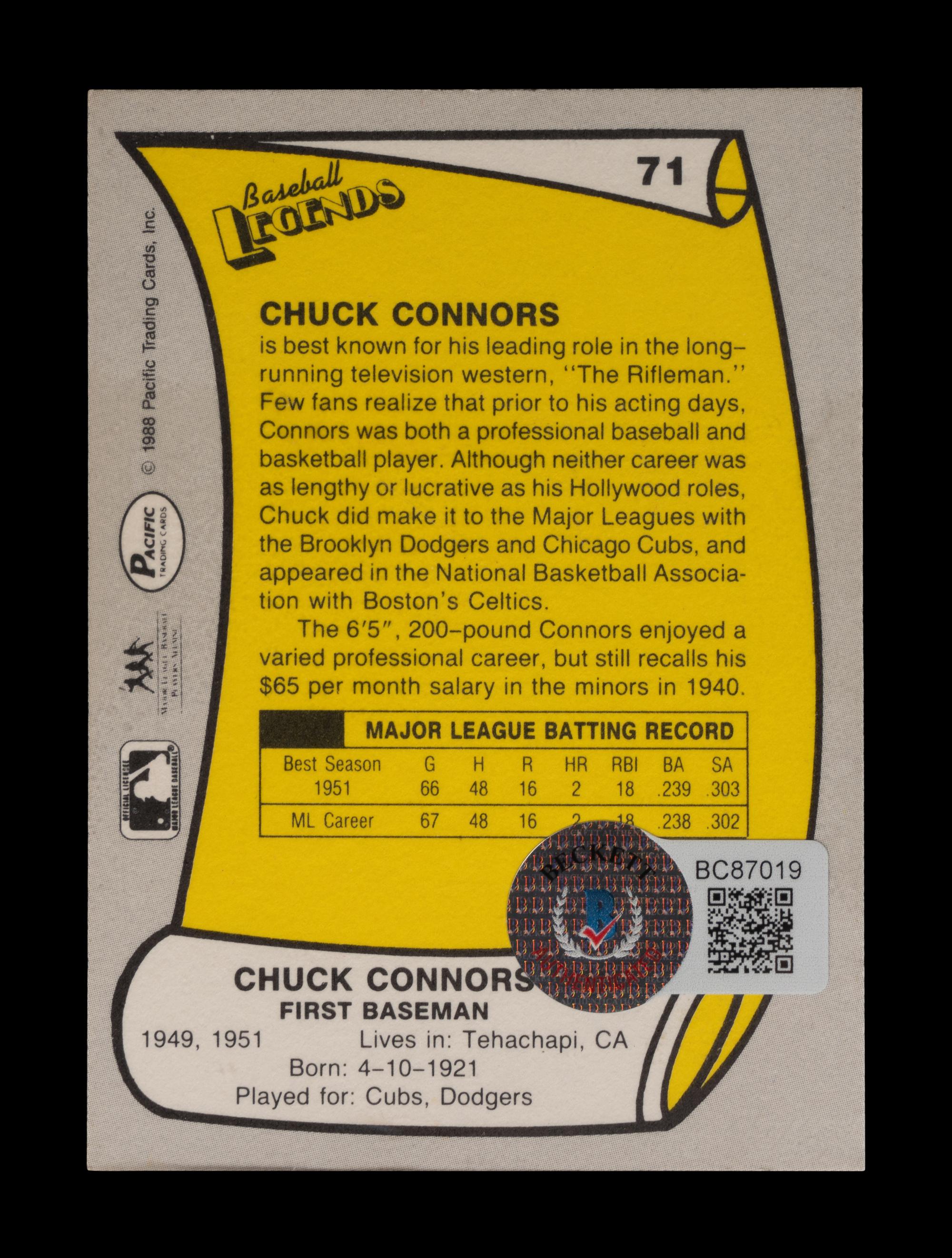 A 1988 Pacific Chuck Connors The Rifleman Signed Autograph Baseball Card No. 71 (Beckett Authentication Services Certified)