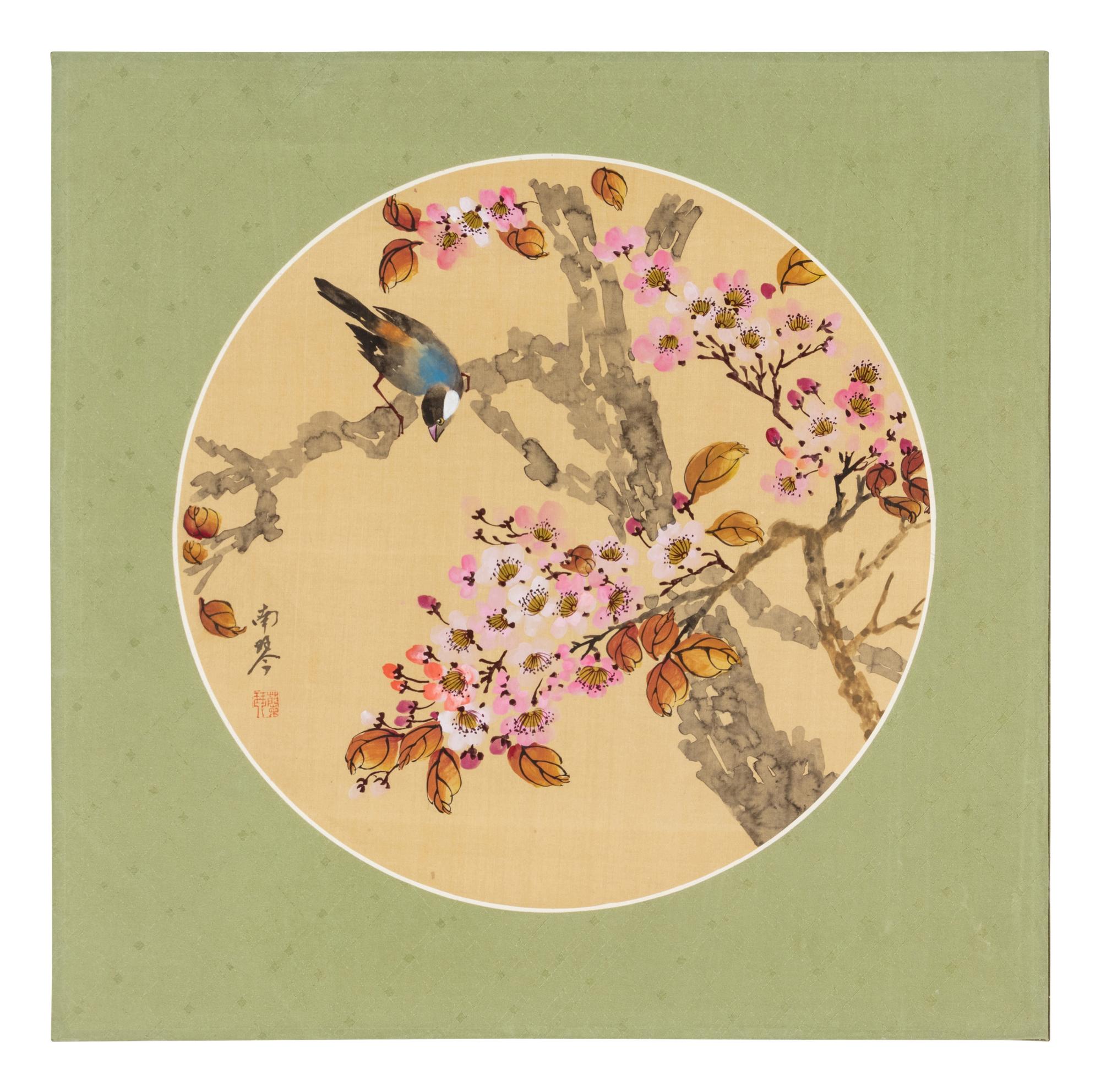 Three Chinese Ink and Color Paintings and One Woodblock Print
