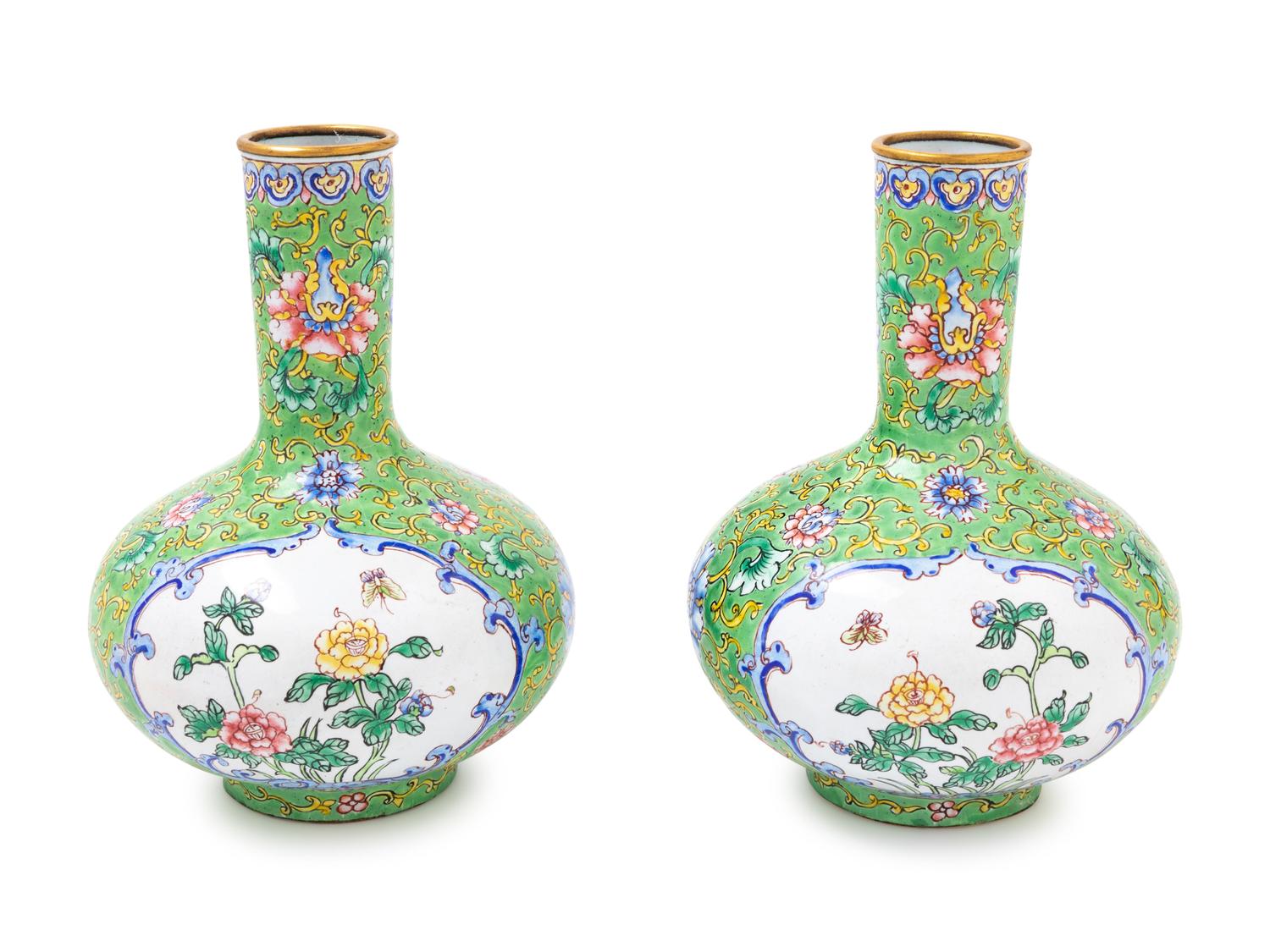A Pair of Chinese Canton Enamel on Copper Bottle Vases