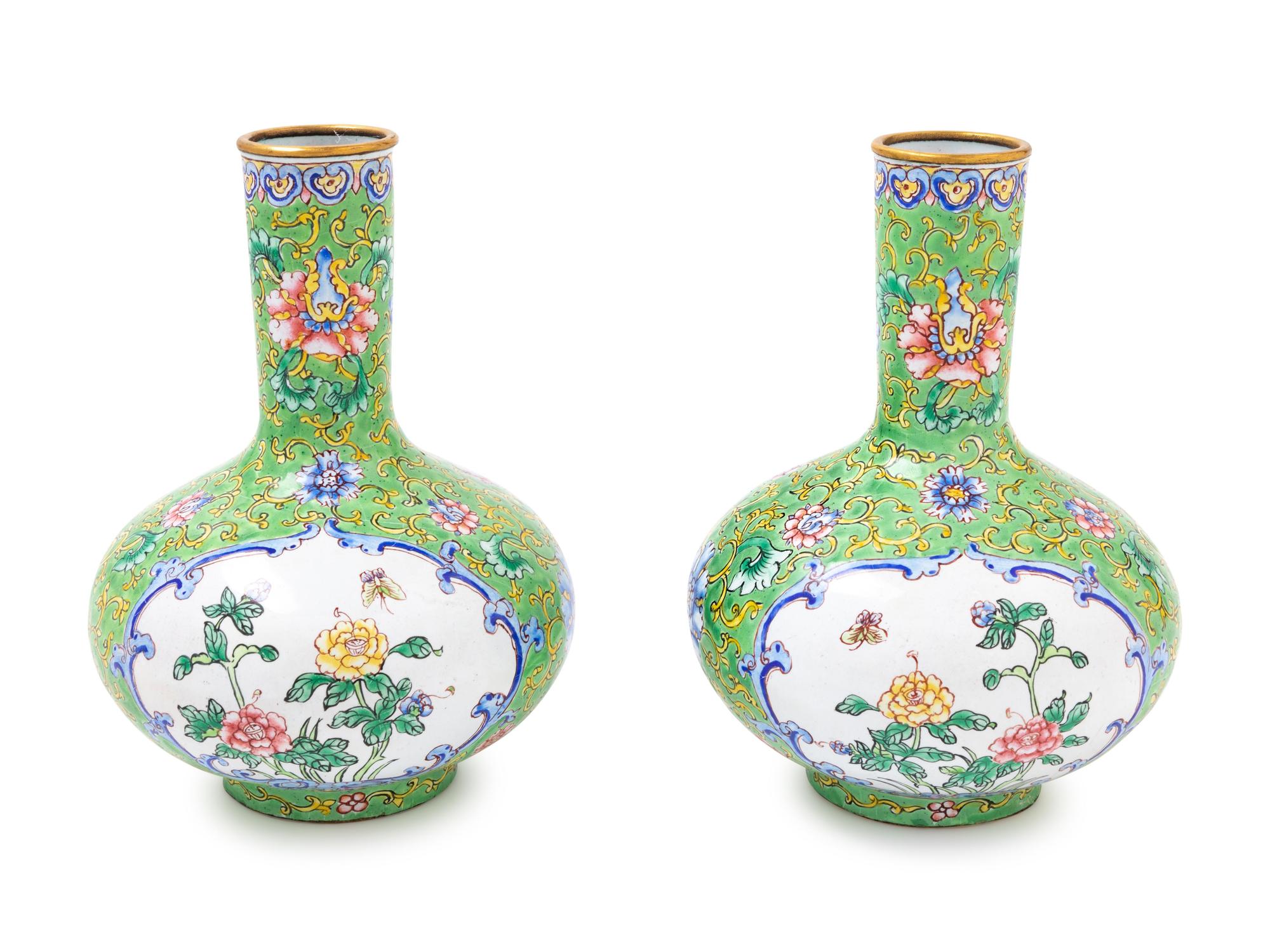 A Pair of Chinese Canton Enamel on Copper Bottle Vases