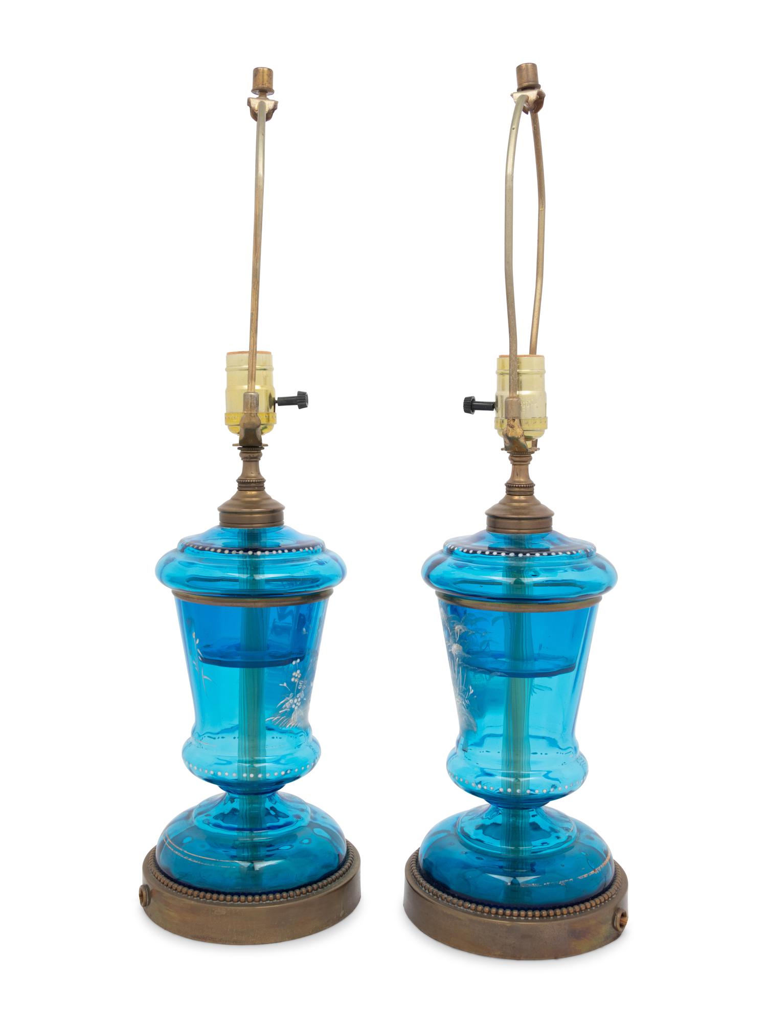 A Pair of Continental Enameled Glass Lamps