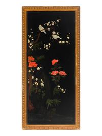 Four Chinese Gilt-Framed Black and Polychrome Lacquer Panels