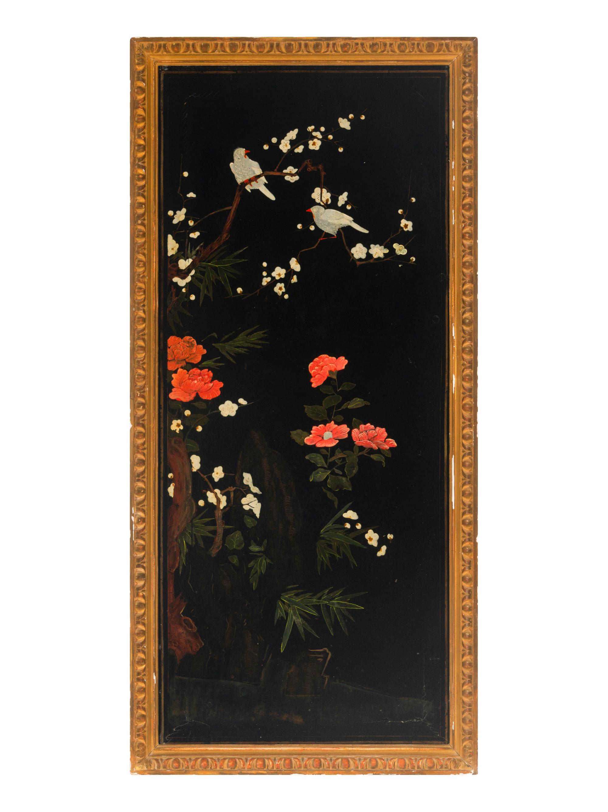 Four Chinese Gilt-Framed Black and Polychrome Lacquer Panels
