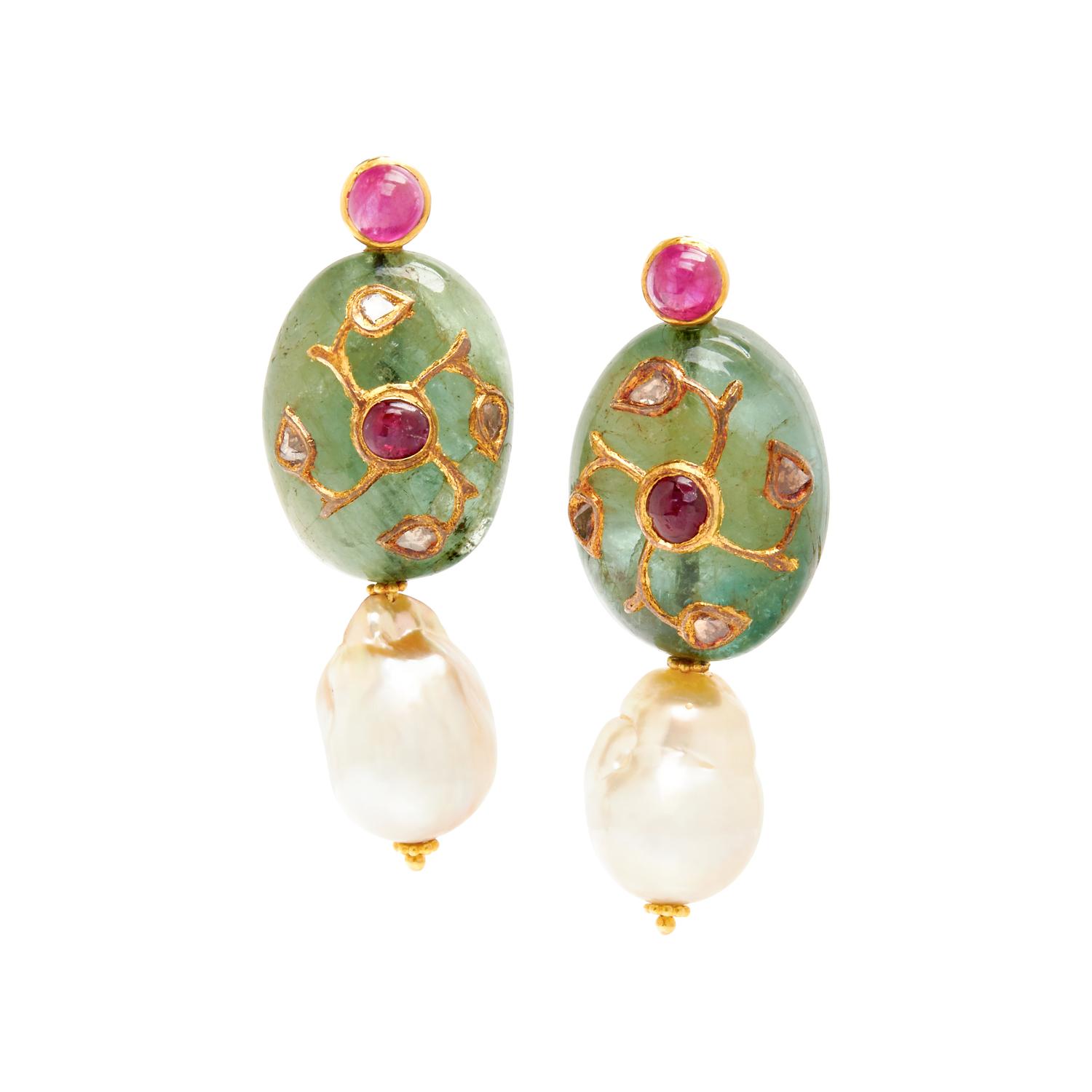 EMERALD, RUBY, CULTURED PEARL AND DIAMOND EARRINGS