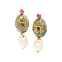 EMERALD, RUBY, CULTURED PEARL AND DIAMOND EARRINGS
