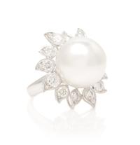 A Platinum, Cultured South Sea Pearl and Diamond Ring, H. Emperor, 9.00 dwts.