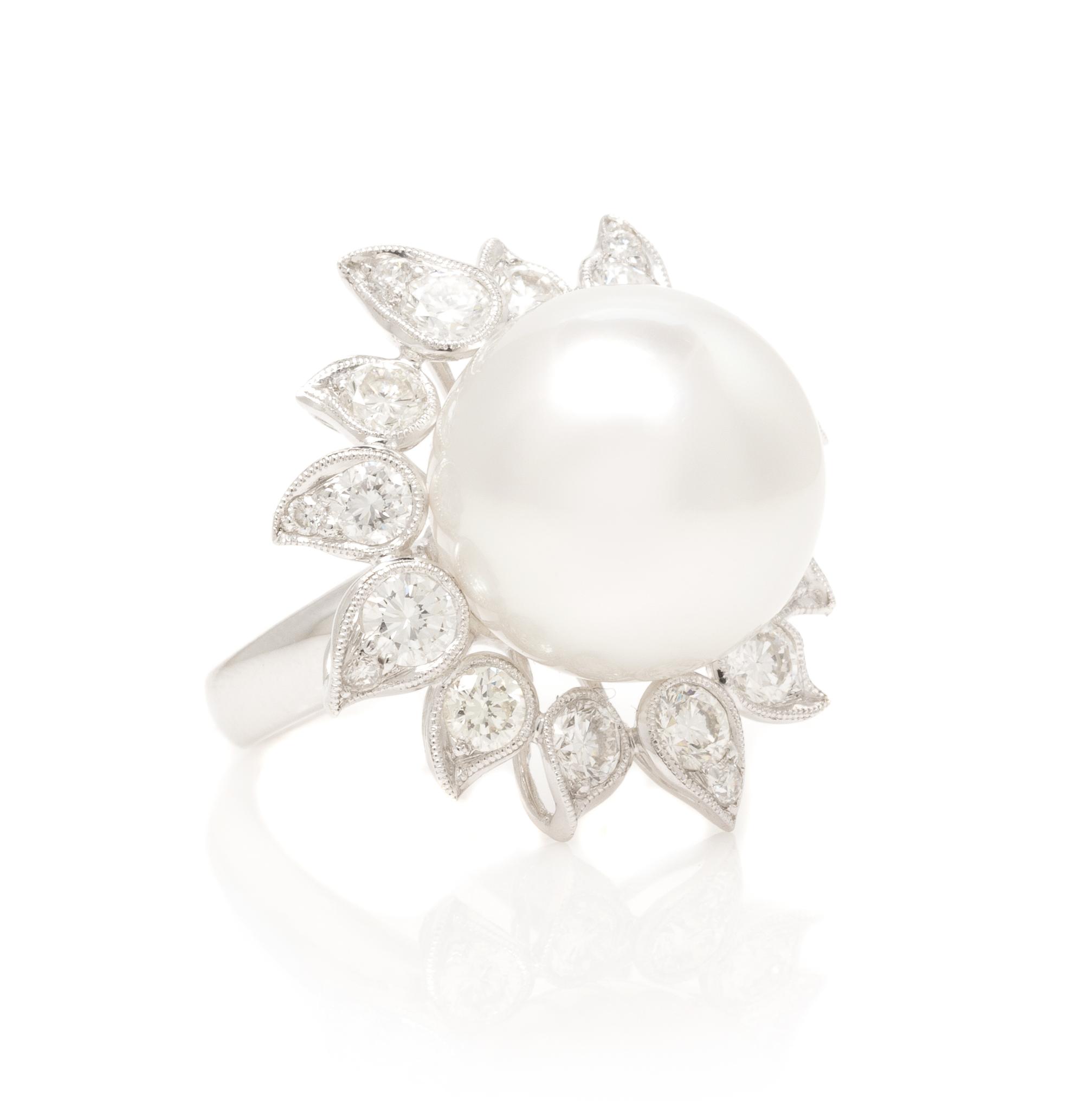 A Platinum, Cultured South Sea Pearl and Diamond Ring, H. Emperor, 9.00 dwts.